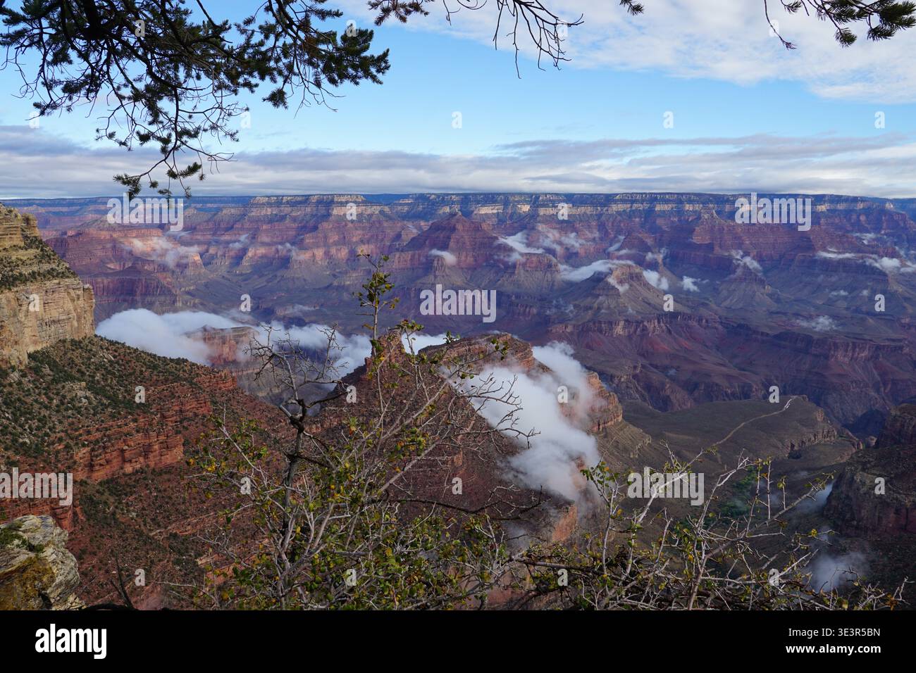 Landschaft des Grand Canyon mit geschichteten roten Felswänden und niedrigen Wolken, die sich über dem Colorado River in einem weiten Canyon treiben Stockfoto