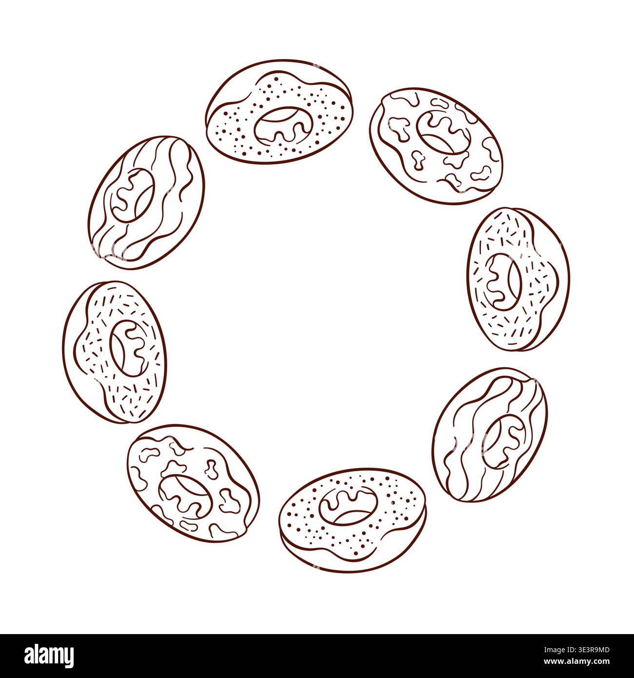 Kranz mit verschiedenen Donuts, angeordnet in einem dekorativen Ring auf weißem Hintergrund im Linienart-Stil. Stock Vektor