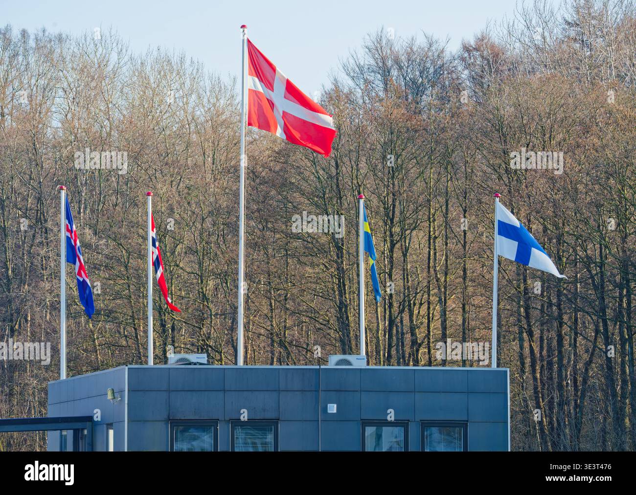 Flaggen, die die nordischen Länder repräsentieren, sind auf Pfählen über einem modernen Grenzkontrollgebäude mit blattlosen Bäumen im Hintergrund unter klarem SK angebracht Stockfoto