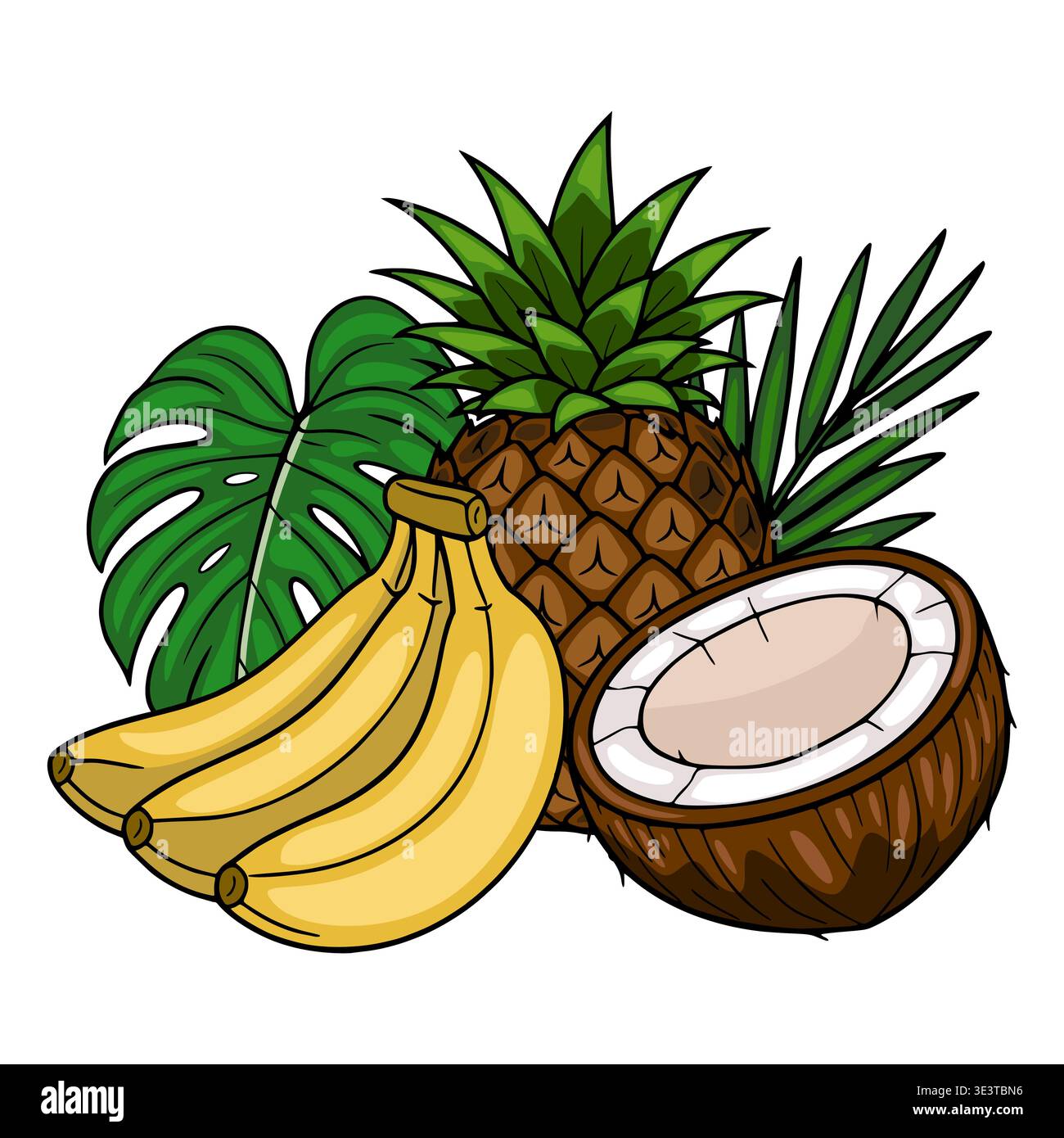 Lebendige Vektor-Illustration von tropischen Früchten einschließlich einer ganzen Ananas, einem Haufen reifer Bananen, einer halben Kokosnuss und üppigen grünen Monstera und Kumpel Stock Vektor