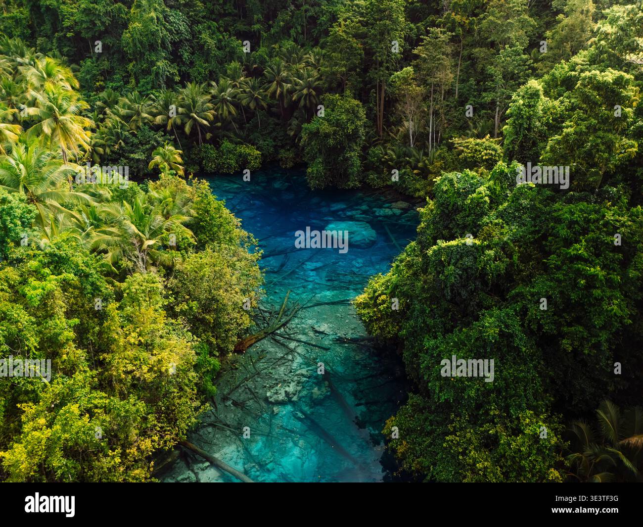 Der durchsichtigste See mit kristallblauem Süßwasser in Indonesien. Drohnenansicht Stockfoto