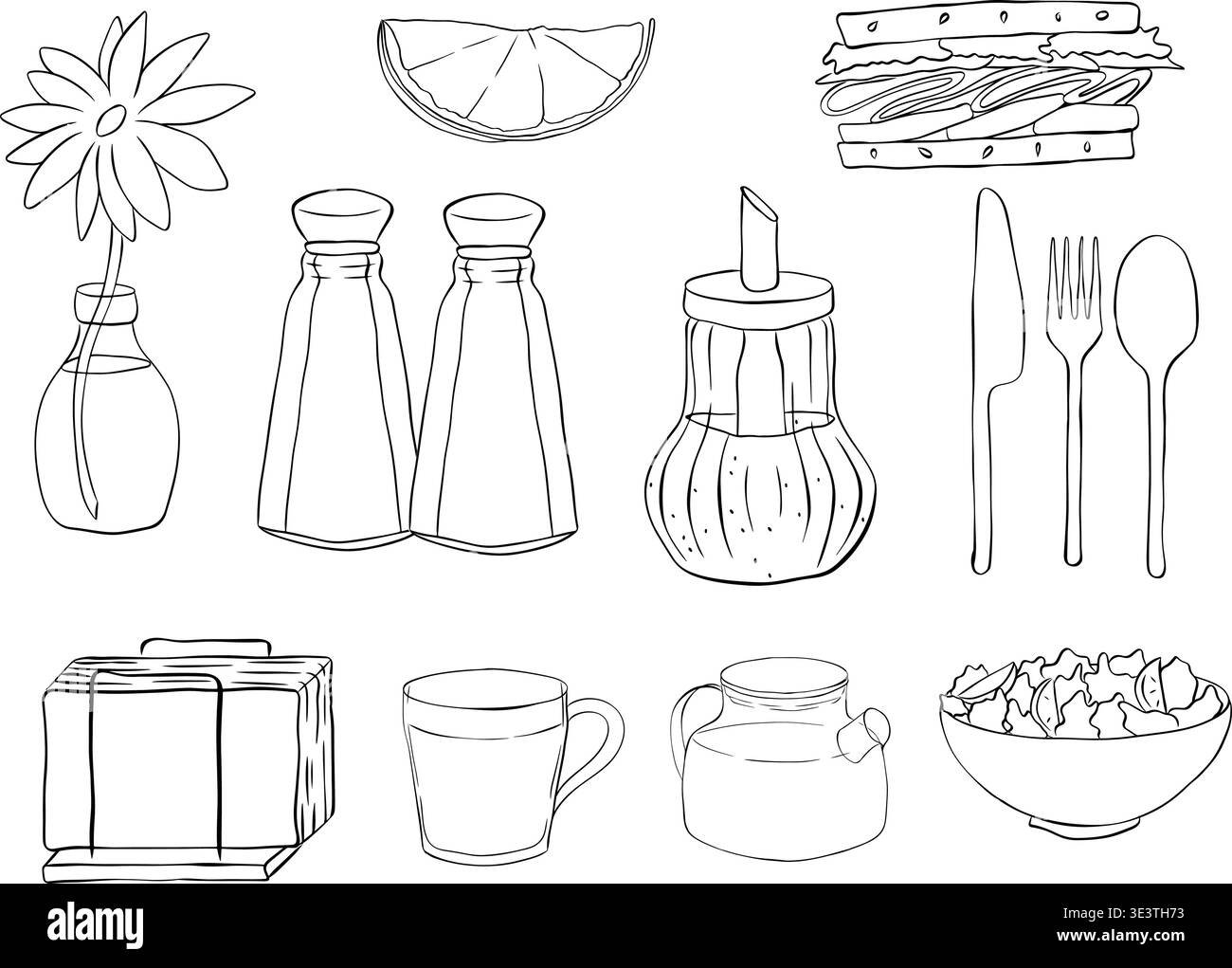 Set von Restaurant- und Speisesichern schwarz-weiße Cloche, Serviette, Salzstreuer, Pfeffermühle, Kaffeetasse, Menü und Kochmütze. Cafe Set handgezeichnet Stock Vektor