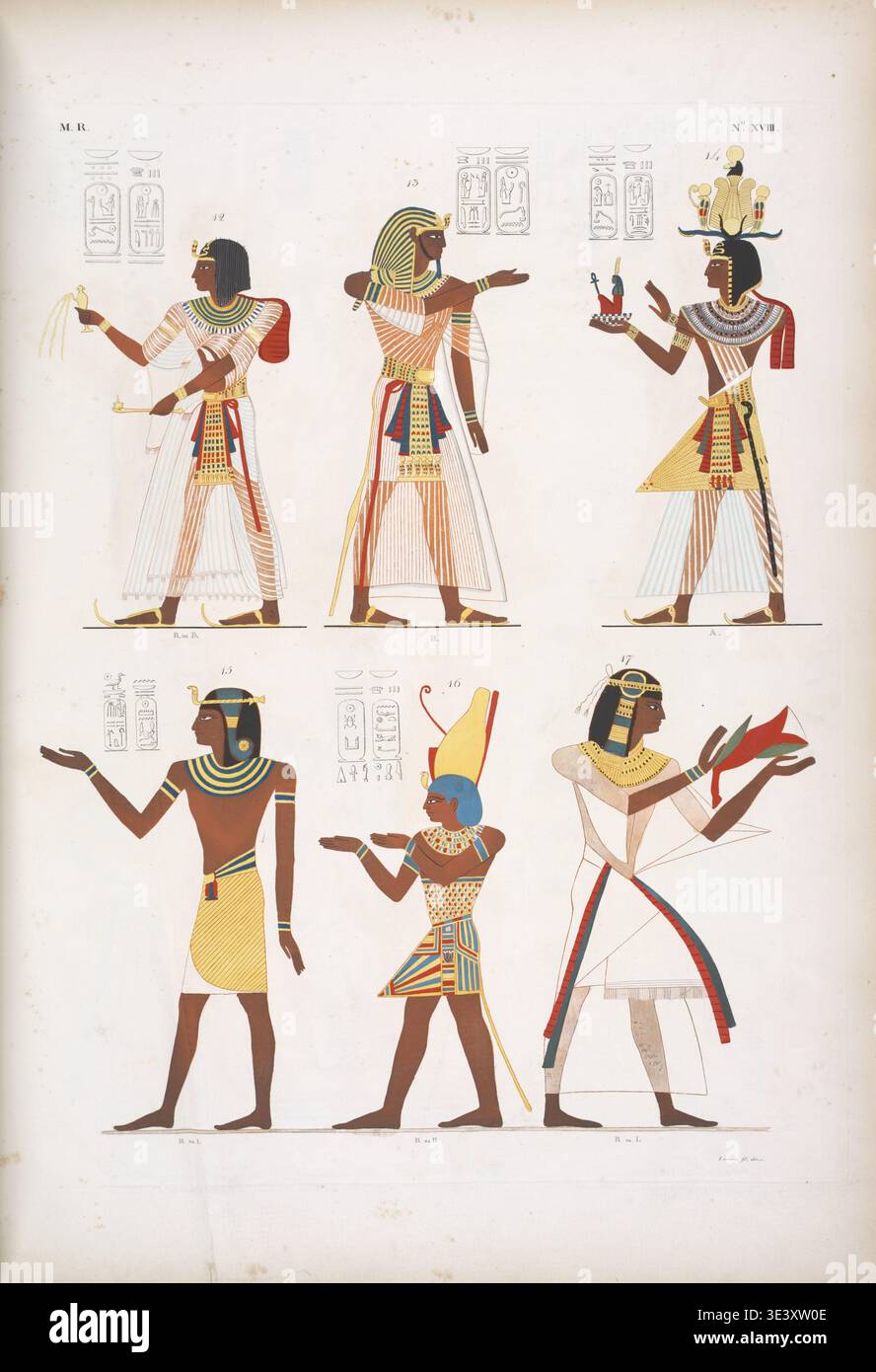 Altägyptische Königsfiguren, darunter Ramses VII., Ramses IX., Ramses X, Amenmesse, Nectanebo I, und Ramses-Mentuherkhepshef, dargestellt in zeremoniellen Posen mit Inschriften und Hieroglyphen, illustriert auf einer Platte von I monumenti dell’Egitto e della Nubia von Ippolito Rosellini. Stockfoto