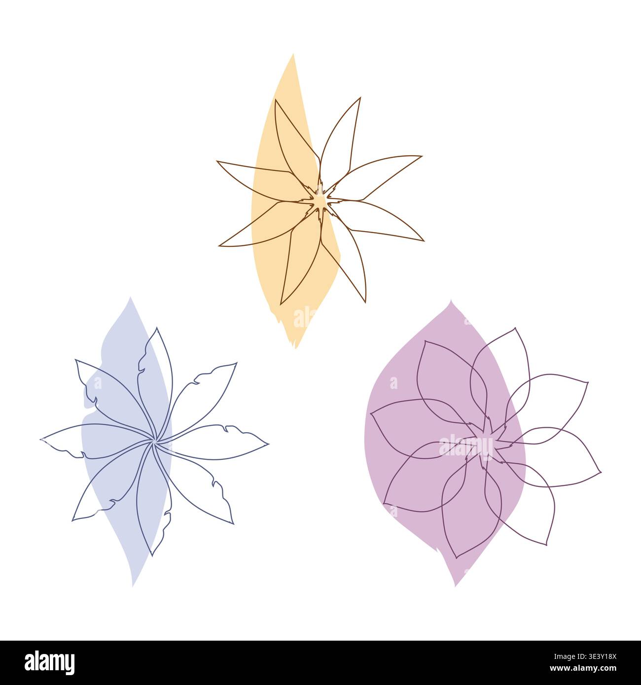 Drei abstrakte, florale Linienzeichnungen mit dezenten Farbtönen auf weißem Hintergrund. Jede Blume hat einen einzigartigen Pastellteller in Gelb, Blau oder Lila hinter ihrer Umrandung. Stock Vektor