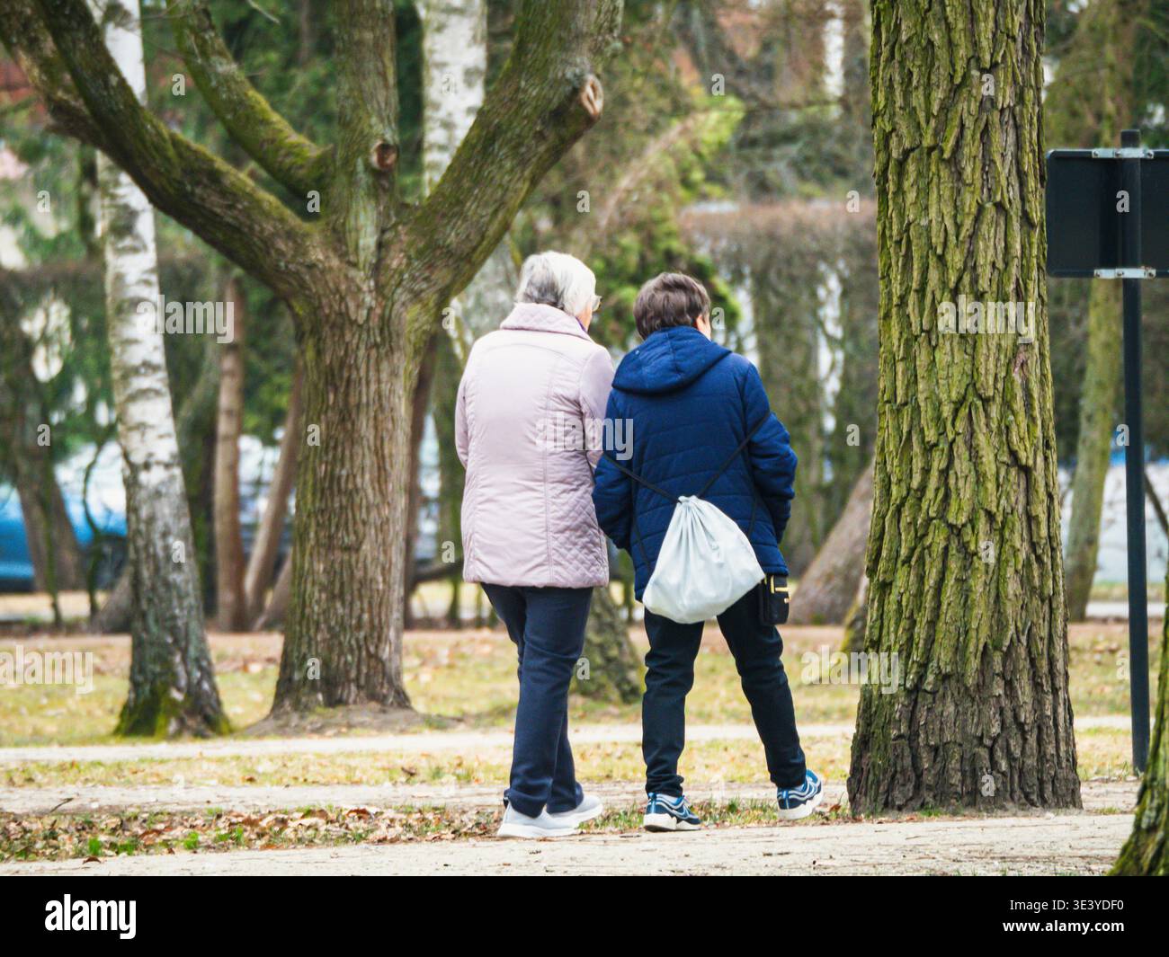 Altes Paar spaziert durch den Herbstpark. Bäume stehen hoch, Blätter verstreut. Sie schlendern in der Nähe und teilen ruhige Momente. Weiches Sonnenlicht filtert durch Kleie Stockfoto