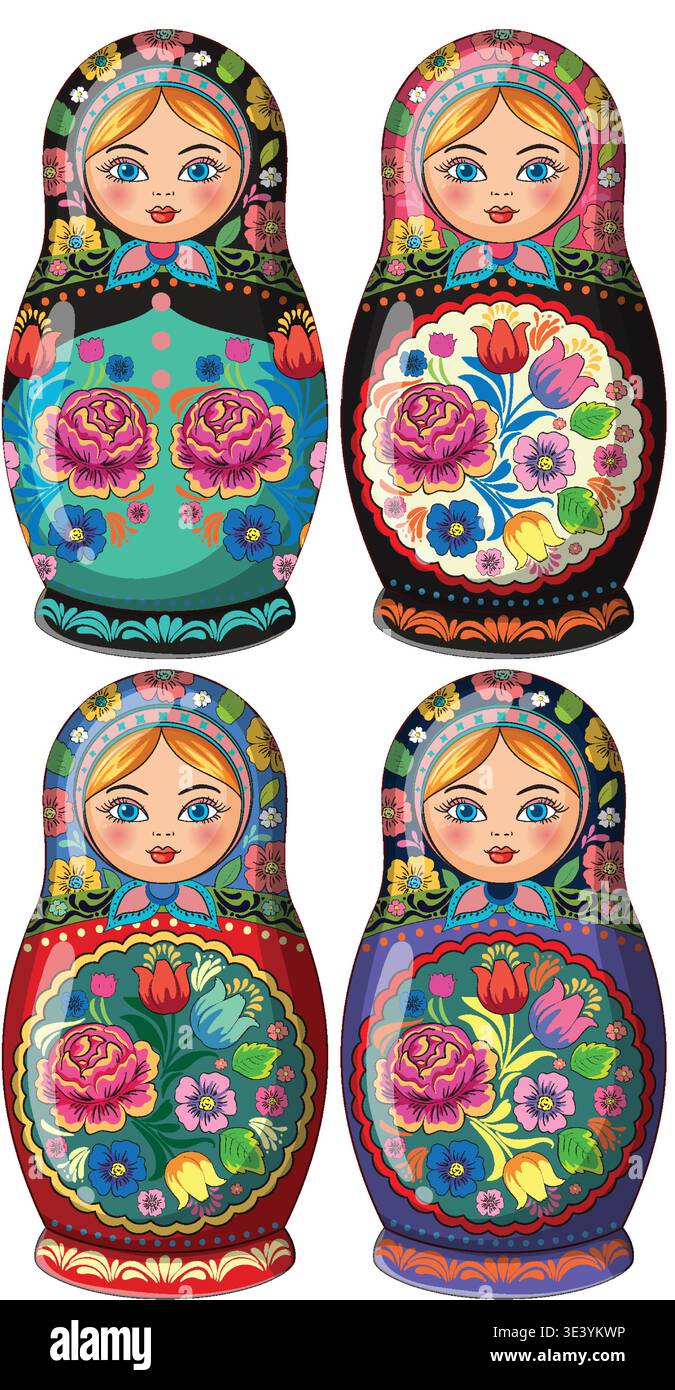 Vektor-Illustration von vier traditionellen russischen Matryoschka-Puppen mit lebendigen floralen Volkskunst-Mustern. Stock Vektor