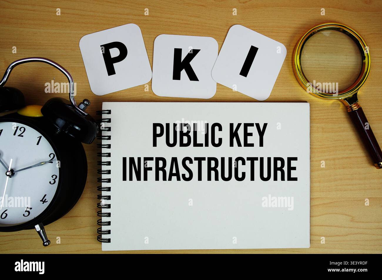 PKI Public Key Infrastructure Text auf Notizblock mit Lupe und Wecker auf hölzernem Hintergrund Stockfoto
