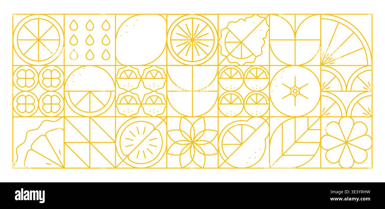Geometrisches Muster von Zitrusfrüchten. Abstrakter Vektorhintergrund mit gelben linearen Zitronen, Orangen, Tropfen, Blättern und symmetrischen Segmenten, die im Rasterlayout angeordnet sind. Minimalistischer frischer Saft oder Sommerfliesen Stock Vektor