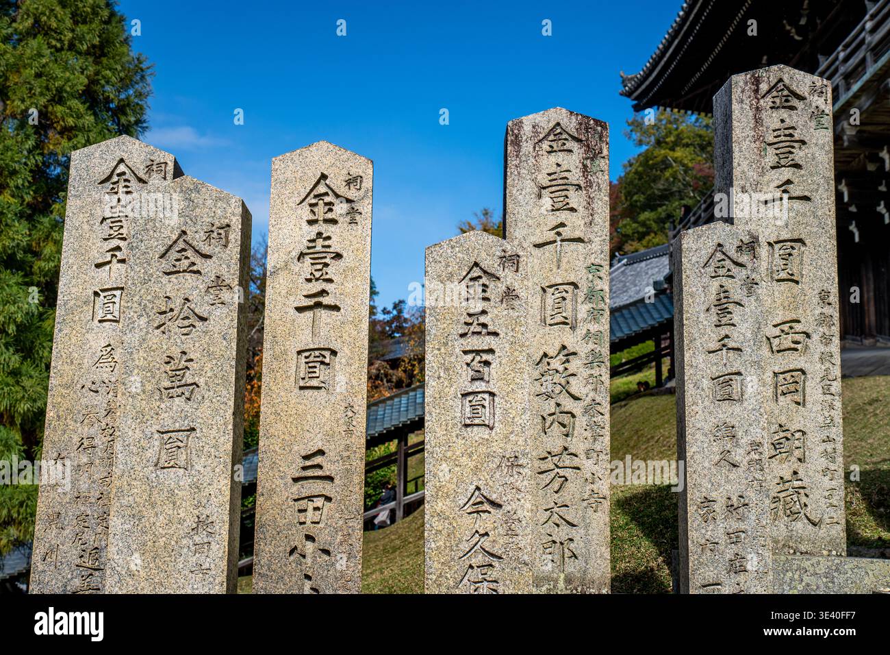 Nahaufnahme von sieben Steinsäulen mit japanischen Kanji-Inschriften im Nigatsudo-Tempel Stockfoto