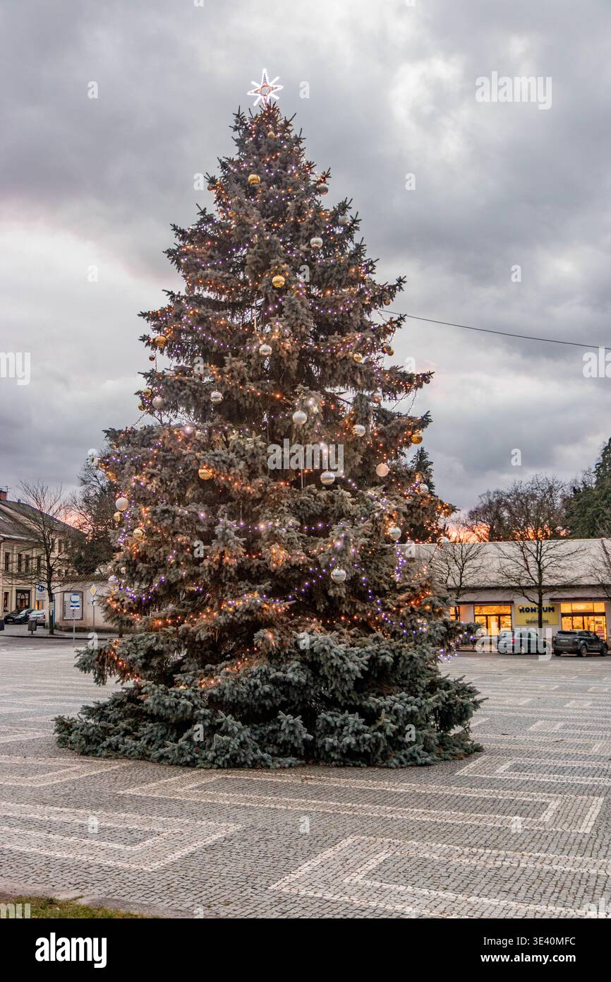 Weihnachtsbaum am Kupkovo namesti-Platz in Opocno, Tschechien Stockfoto