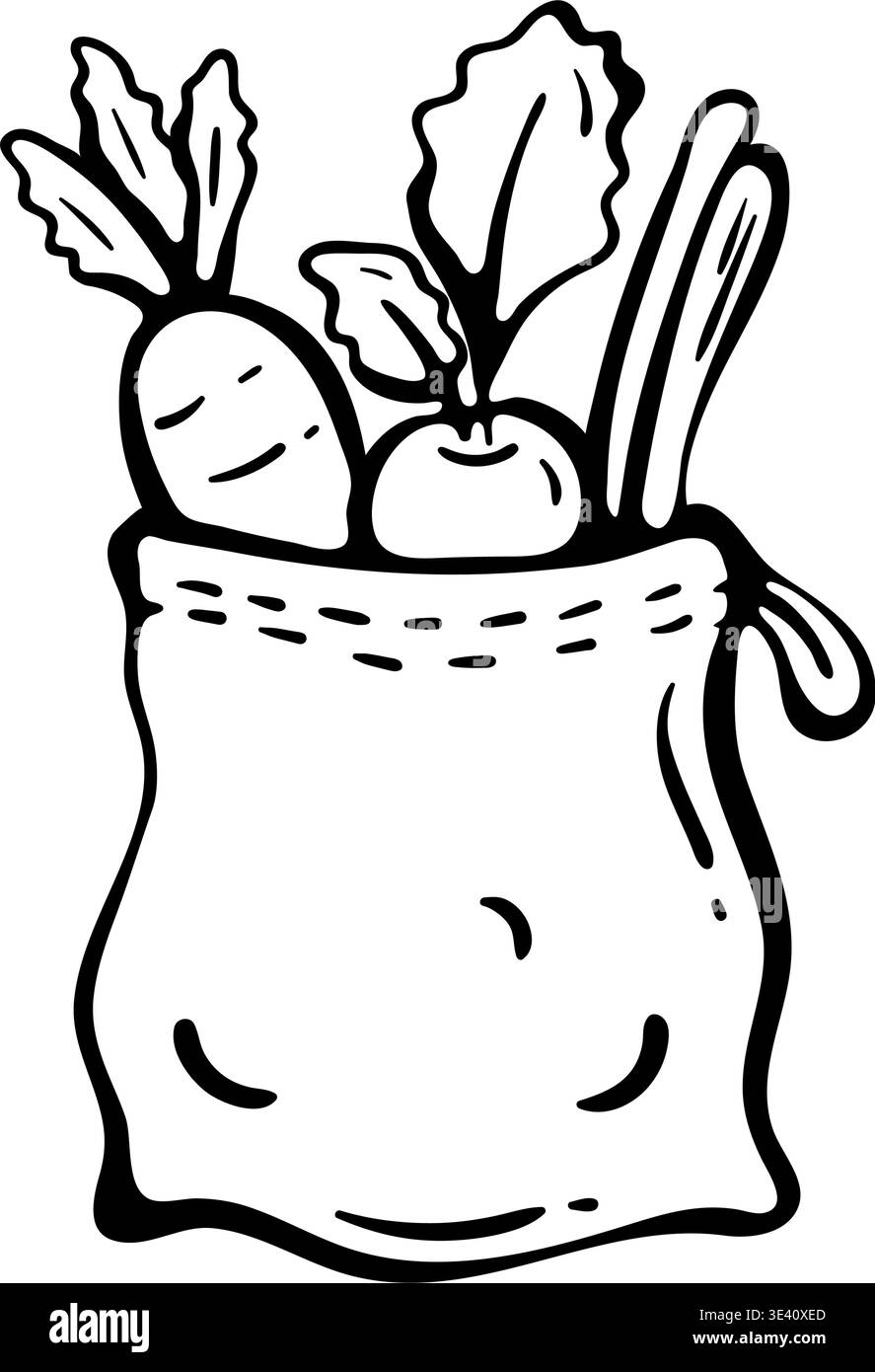 Reuasble Canvas-Tasche mit Bio-Food-Symbol für nachhaltige, selbstgezeichnete Doodle-Illustration eines umweltfreundlichen Einkaufssacks Stock Vektor