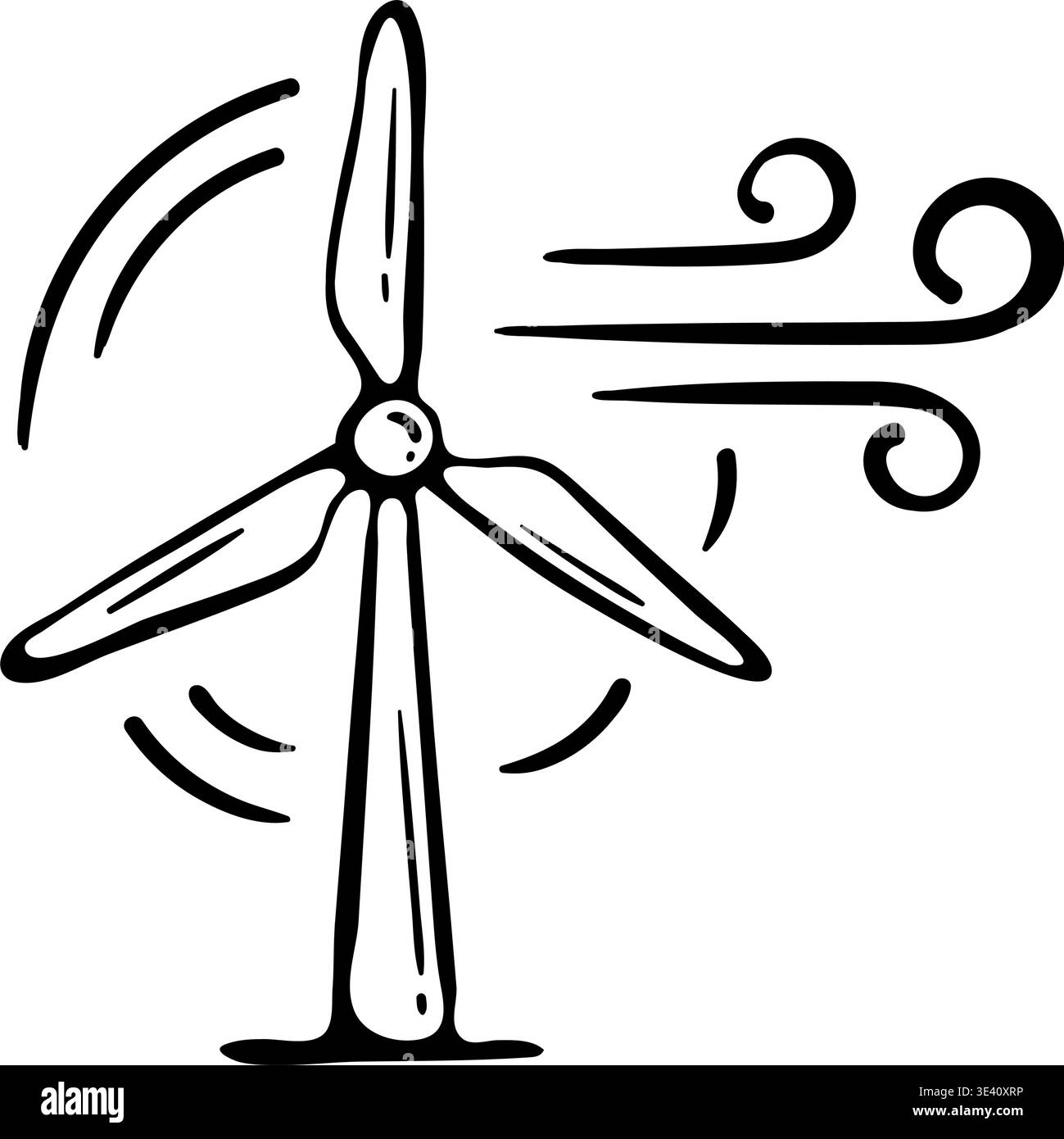 Symbol für Windenergieanlagen für erneuerbare Energien. Handgezeichnete Doodle-Illustration einer ökologischen Windmühle mit Spinnblättern Stock Vektor