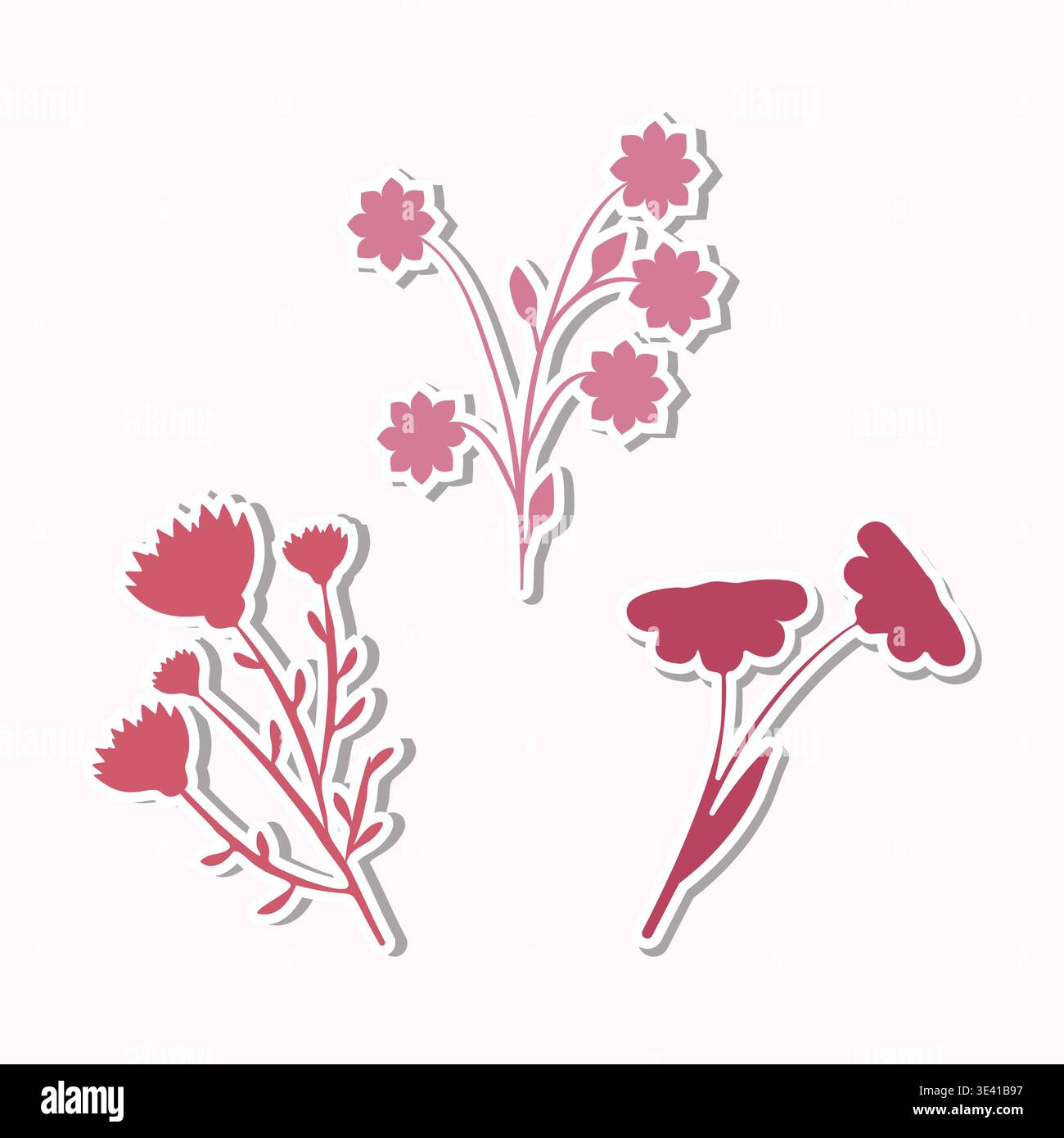 Drei hübsche pinkfarbene Blumenaufkleber sind auf einem klaren hellen Hintergrund zu sehen. Jeder Aufkleber hat ein einzigartiges Blumendesign, perfekt für Scrapbooking, Basteln und Dekoration. Stock Vektor
