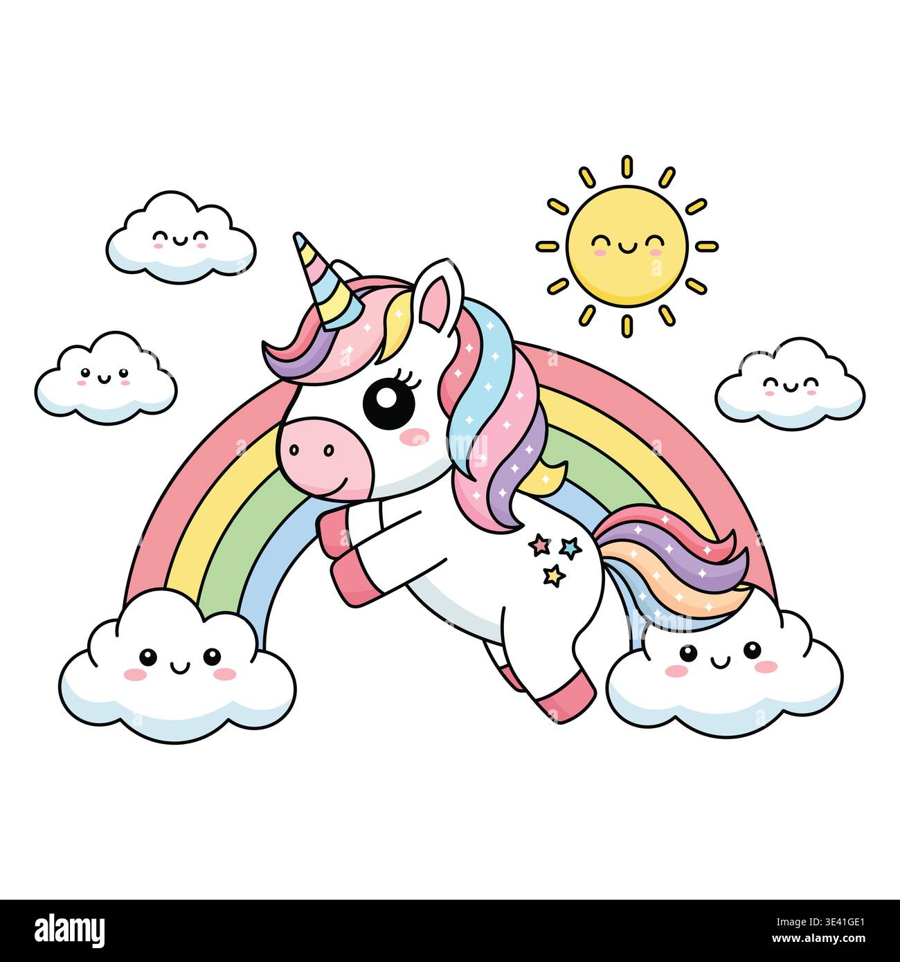 Niedlicher weißer Einhorn Charakter, der über bunter Regenbogen mit glücklichen Smiley Wolken und Sonne Illustration fliegt Stock Vektor
