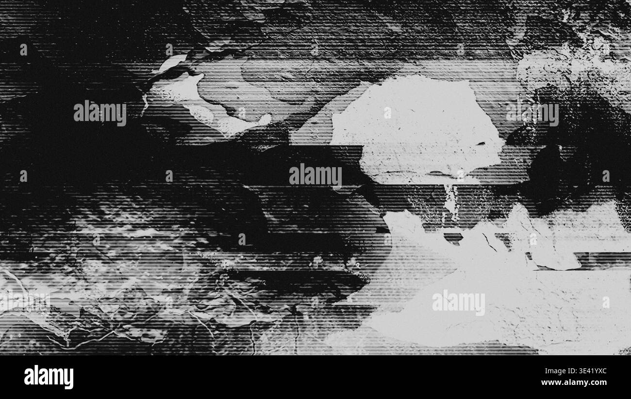Schwarzweiß-Glitch-Textur mit Scanlinien und Pixelsortierung Stockfoto