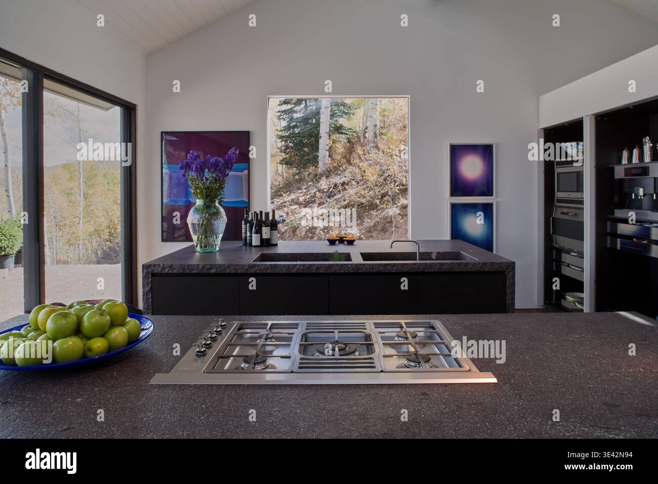 Moderne Aspen-Küche mit Bergblick und minimalistischem Insel-Design Stockfoto