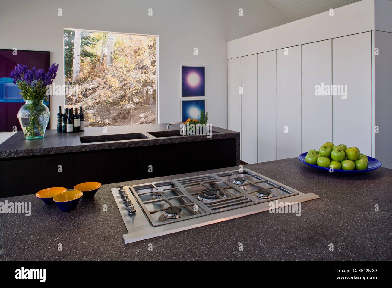 Minimalistische Aspen-Küche mit Bergblick und eleganten dunklen Arbeitsplatten Stockfoto