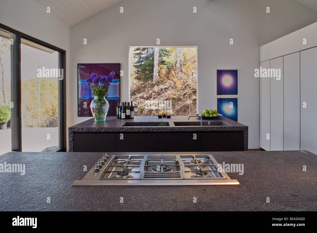 Moderne Aspen-Küche mit Bergblick und minimalistischem Insel-Design Stockfoto