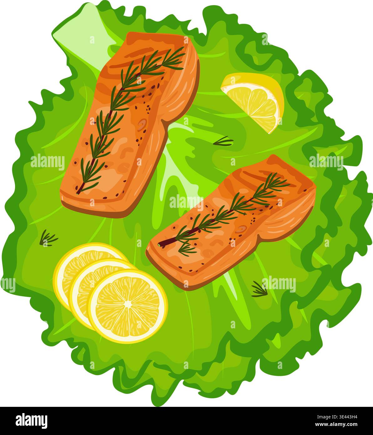 Gegrillte Lachsfilet auf Salatblättern mit Zitronenscheiben. Vektor Meeresfrüchte Dish Illustration isoliert auf Transparent Stock Vektor