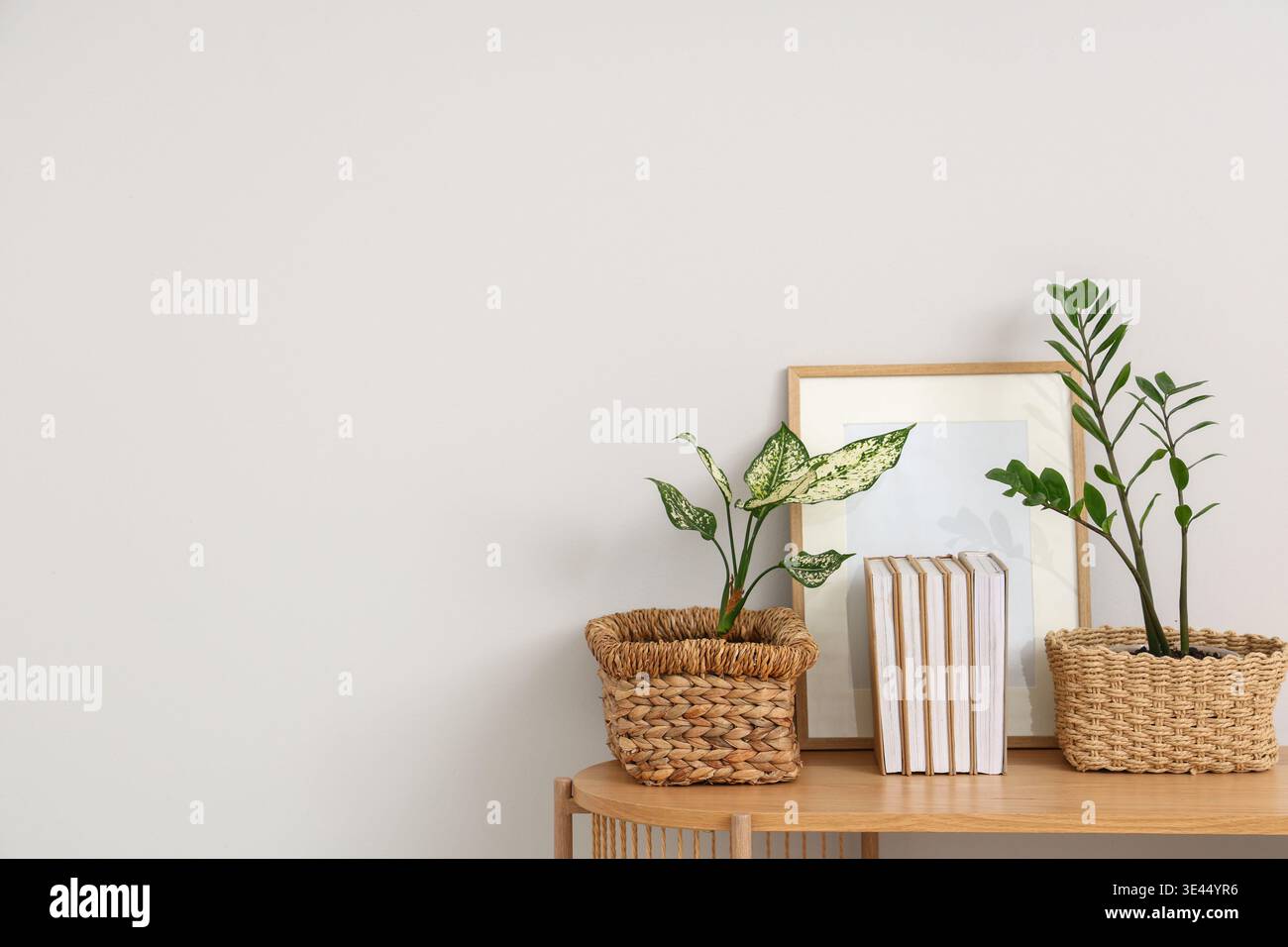 Korbkörbe mit Pflanzen, Büchern und Rahmen auf dem Tisch in der Nähe der hellen Wand Stockfoto