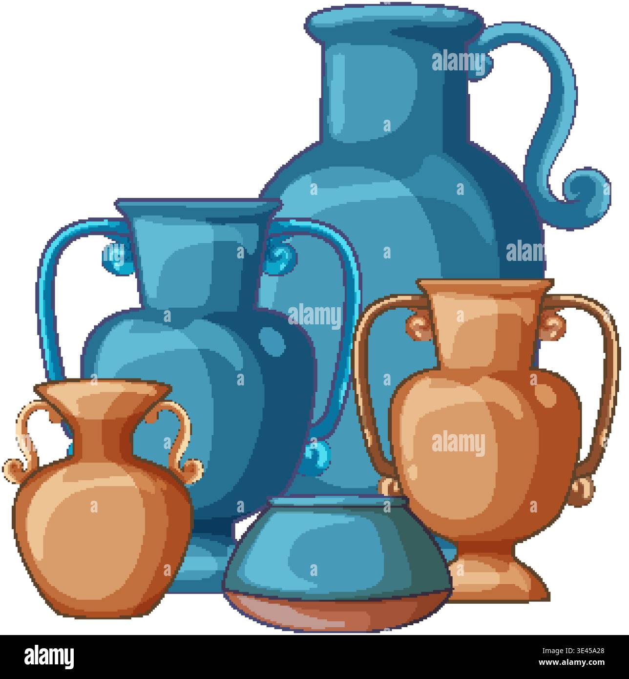 Stilisierte Vektorillustration von blauen und braunen Vasen des Nahen Ostens mit gebogenen Griffen Stock Vektor