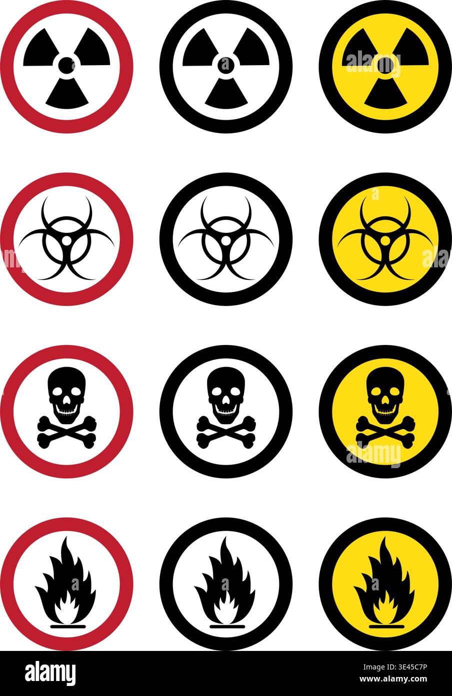 Eine umfassende Sammlung universeller Sicherheitssymbole, einschließlich Strahlung, Biogefährdung, giftige und brennbare Symbole für industrielle Zwecke. Stock Vektor