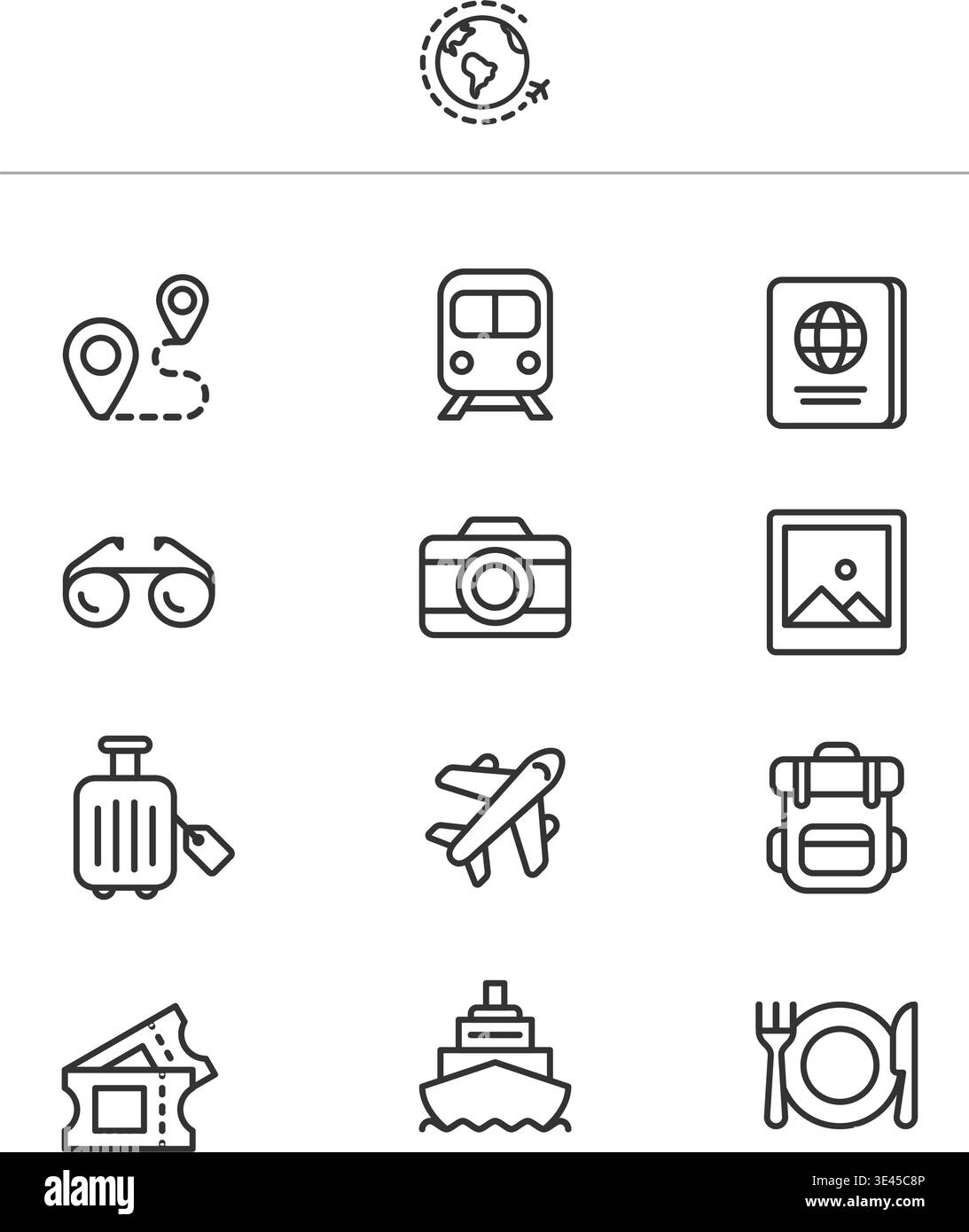 Eine Reihe von minimalen linearen Symbolen, die Transport, Gepäck, Fotografie und Weltreisebedarf für das Webdesign darstellen. Abbildung: Stock Vektor