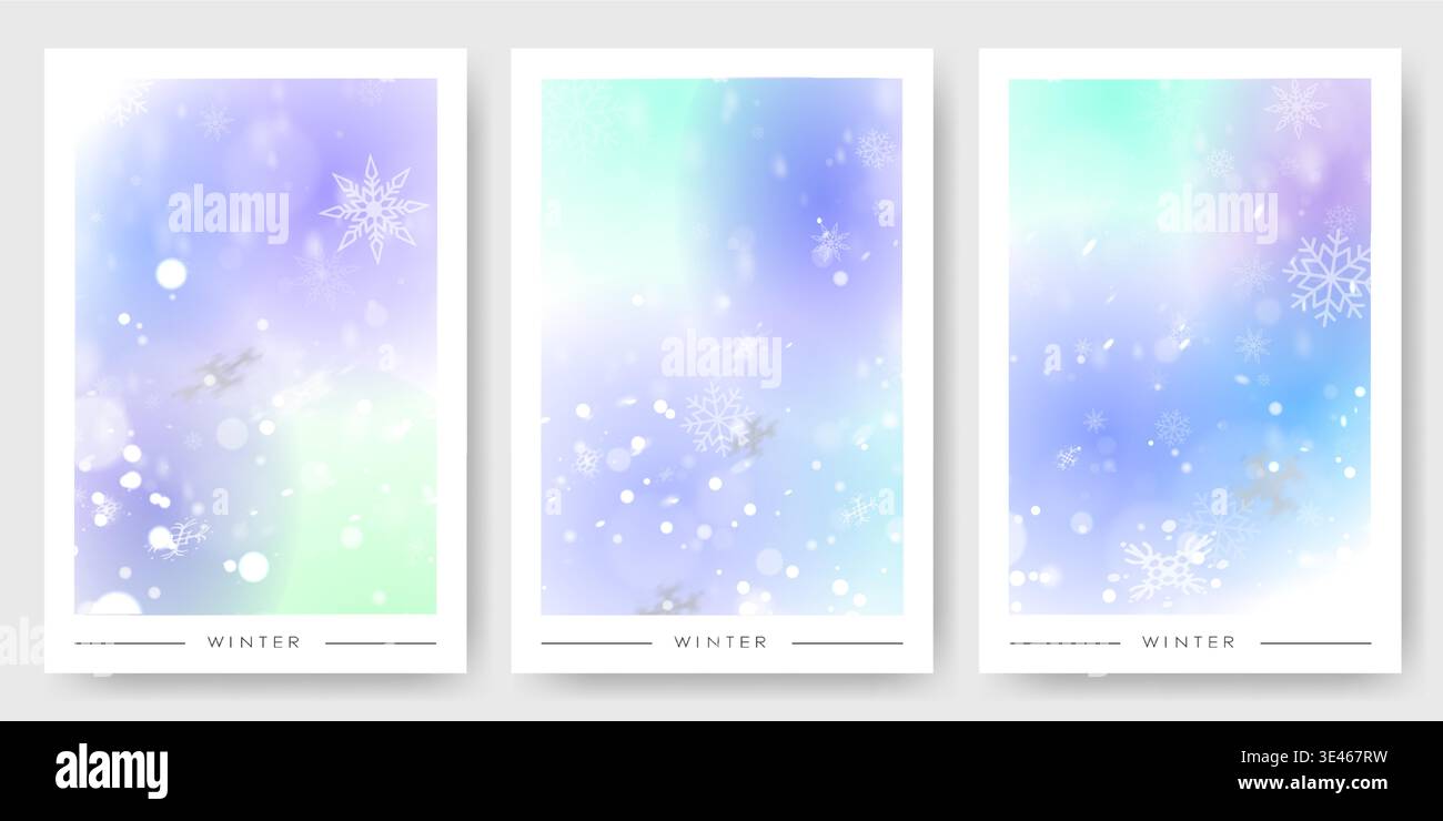 Elegante Winterposter mit Schneeflocken auf blauem Hintergrund. Vektor-realistische Illustration abstrakter fallender Eiskristalle, weiche Aquarellhintergrundtextur, saisonale Grußbanner Stock Vektor