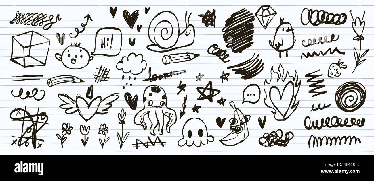 Handgezeichnete Kid-Kritzelsymbole auf dem Hintergrund der Notizbuchseite. Vektor-Illustration abstrakter niedlicher Skizzen auf Papier, verrückte Banane, Krake, Herz auf Feuer, kreative Scribble Designs für Schulbanner Stock Vektor