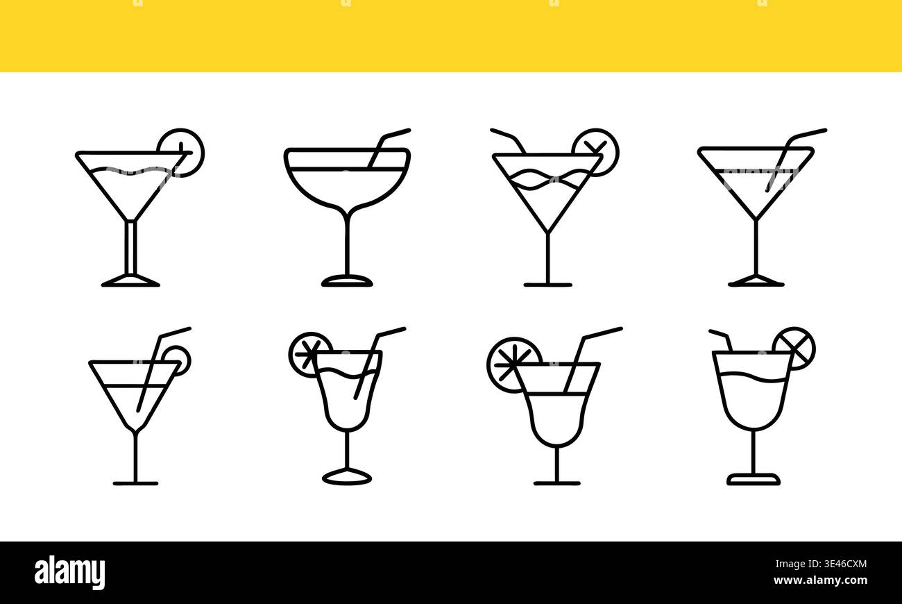 Cocktailglas und Getränk Icons Set, Getränke und Partydrinks Outline Vector Collection Stock Vektor