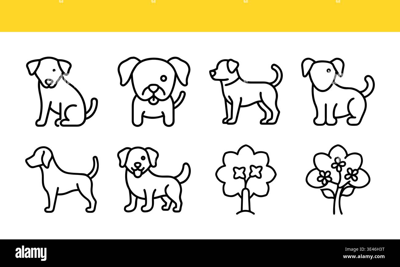 Hund, Baum und Blume Linie Symbole Set, PET Tier und Natur Outline Vektor Sammlung Stock Vektor