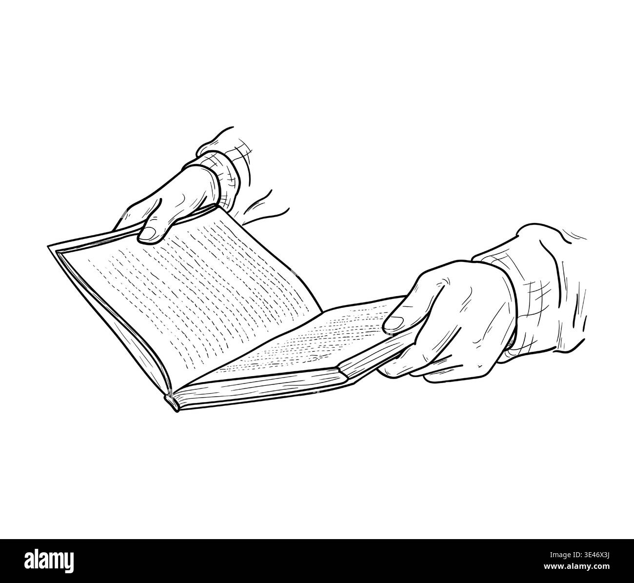 Hände halten ein offenes Buch, handgezeichnete Skizze. Vektorabbildung. Leser oder Student, isoliert auf weißem Hintergrund. Nicht AI. Stock Vektor