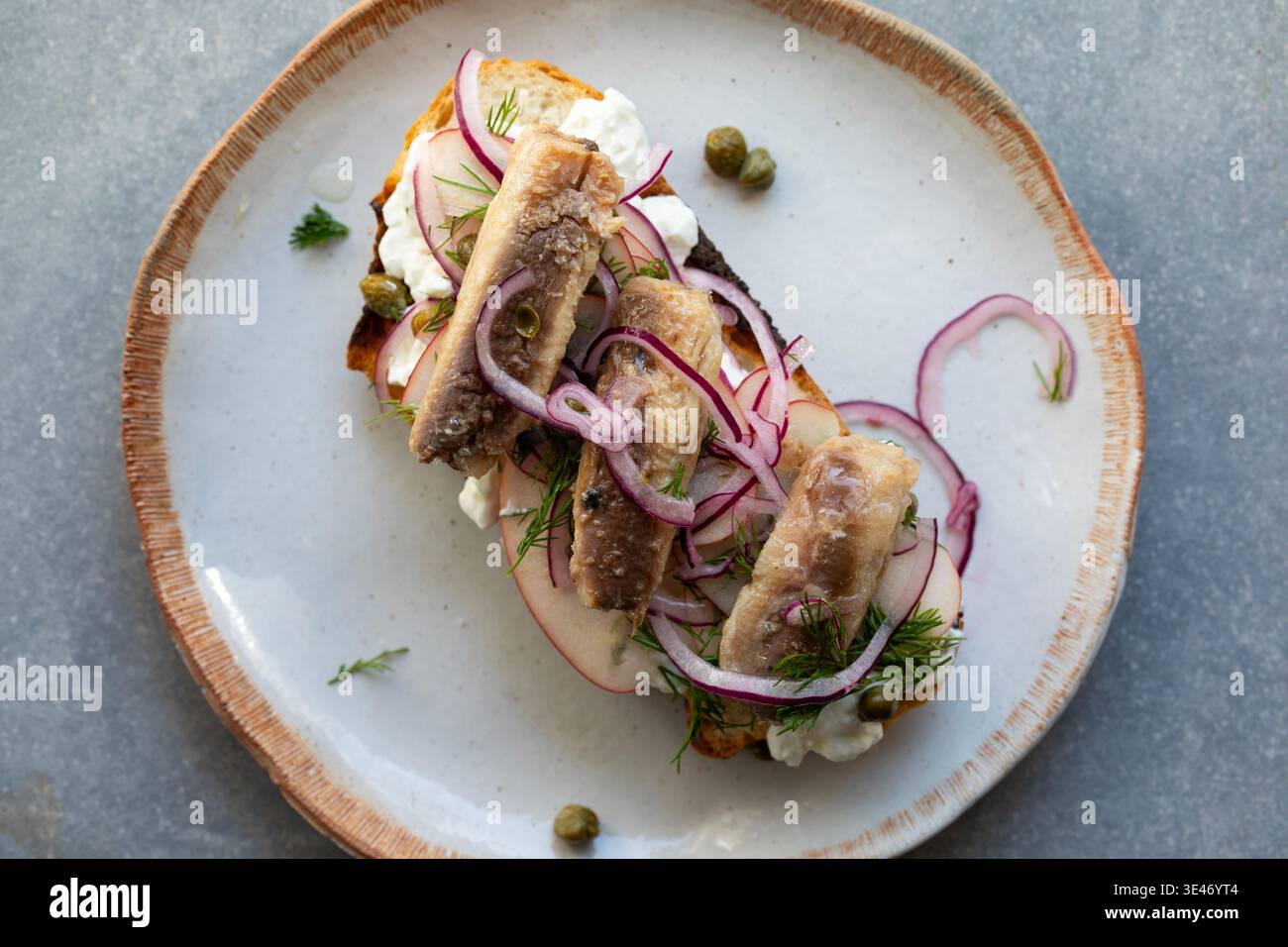 Sardinen und Apfelsalat auf Toast Stockfoto