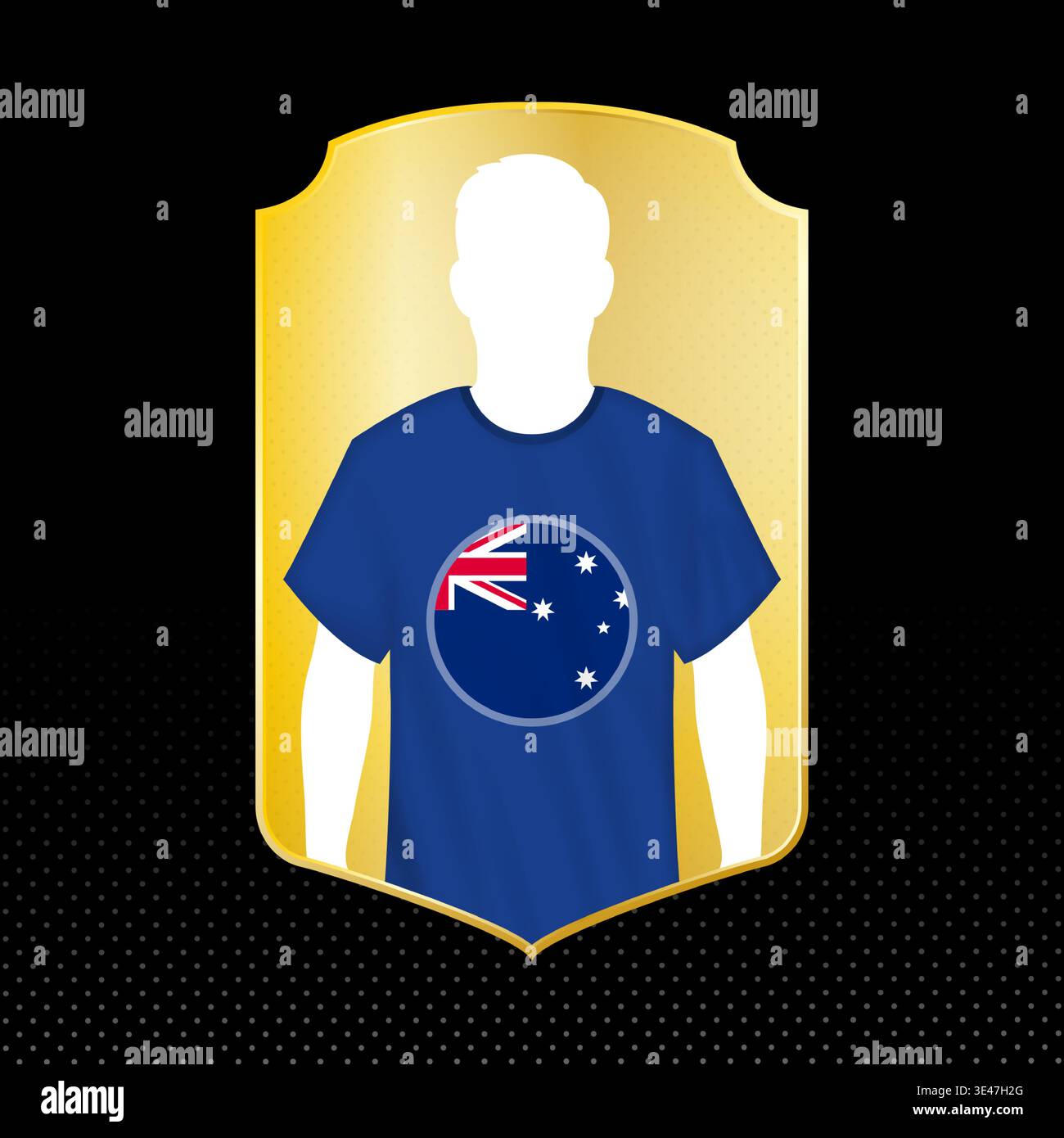 Silhouette-Karte für australischen Fußballspieler mit Nationalflaggensymbol. Profil eines Fußballspielers auf einer goldenen Trophäenkarte. Stock Vektor