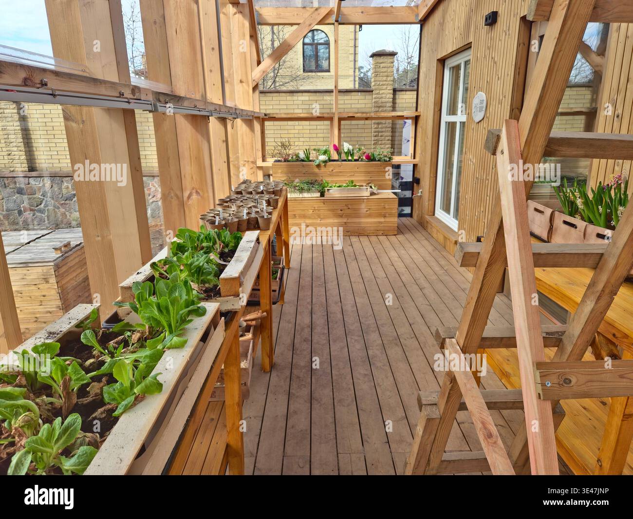 Wald-Klassenzimmer mit Gartenbetten und Grün in einem Niedrigenergiehaus in Bucha, Ukraine - Smartphone-aufgenommenes Stockfoto