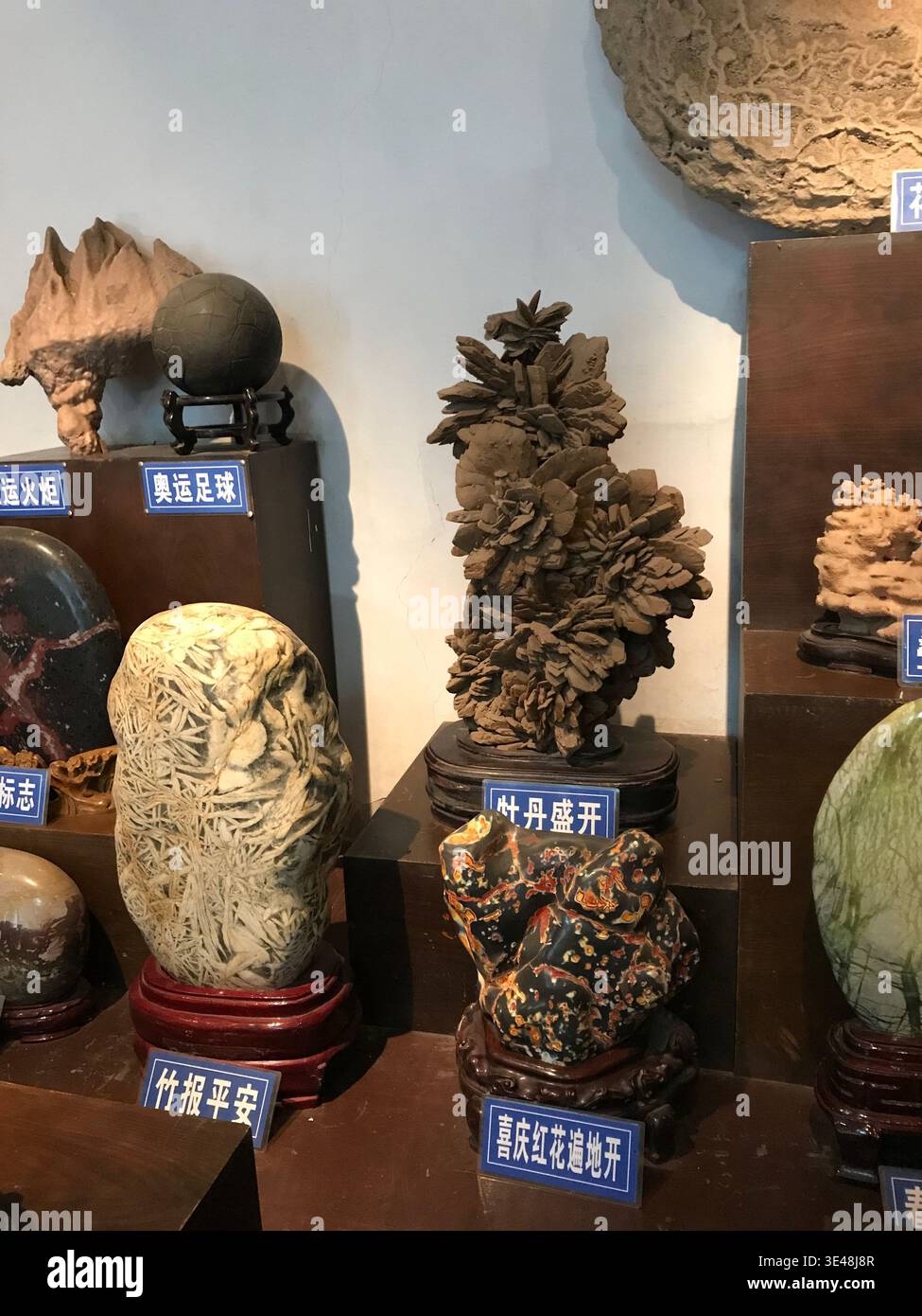 Sammlung chinesischer Gongshi-Gelehrter mit Etiketten auf Holzständern Stockfoto