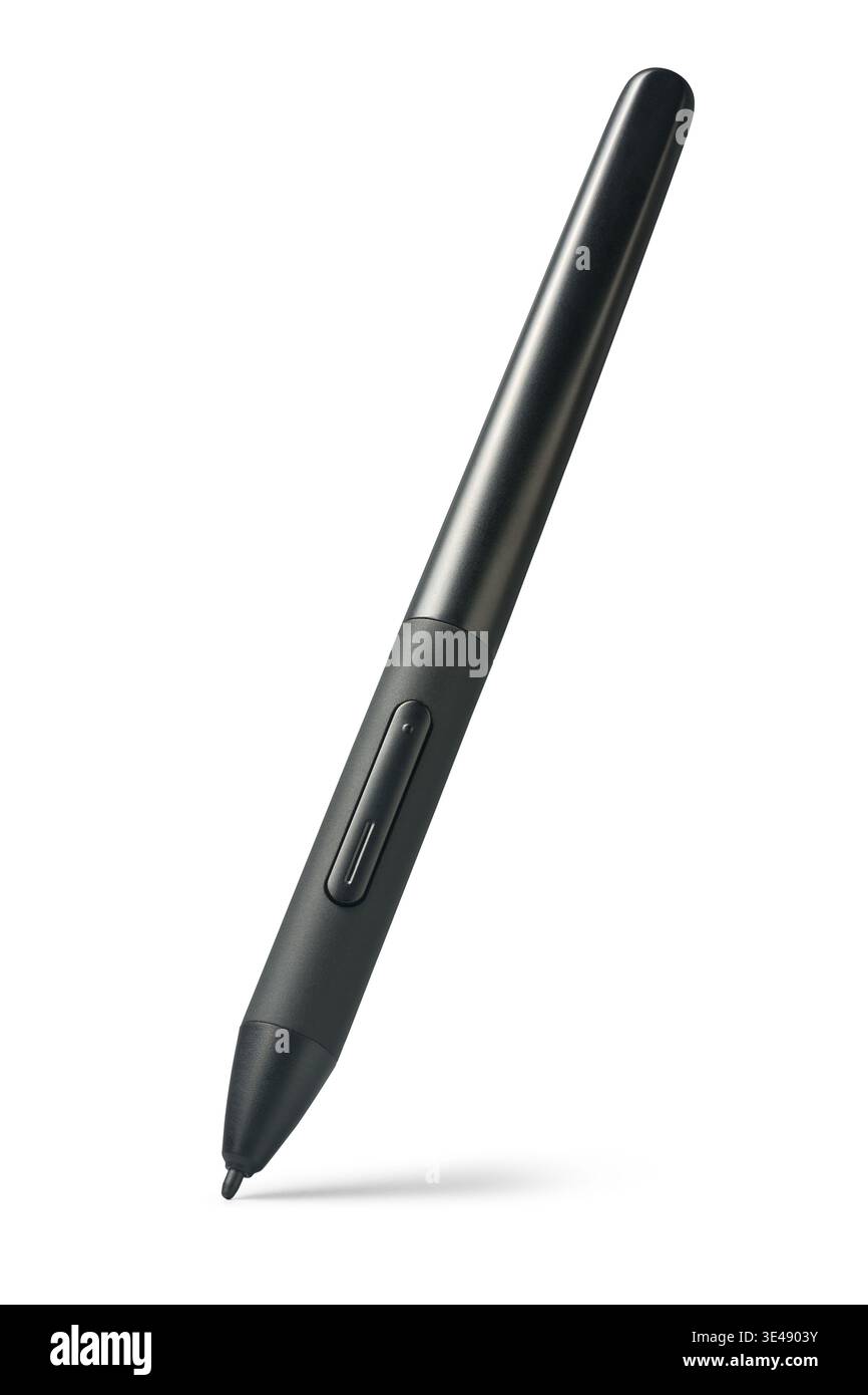 Schwarzer Grafiktablett-Eingabestift isolierter weißer Hintergrund, digitaler Zeichenstift mit Seitentasten und feiner Spitze, Seitenansicht matt Stockfoto