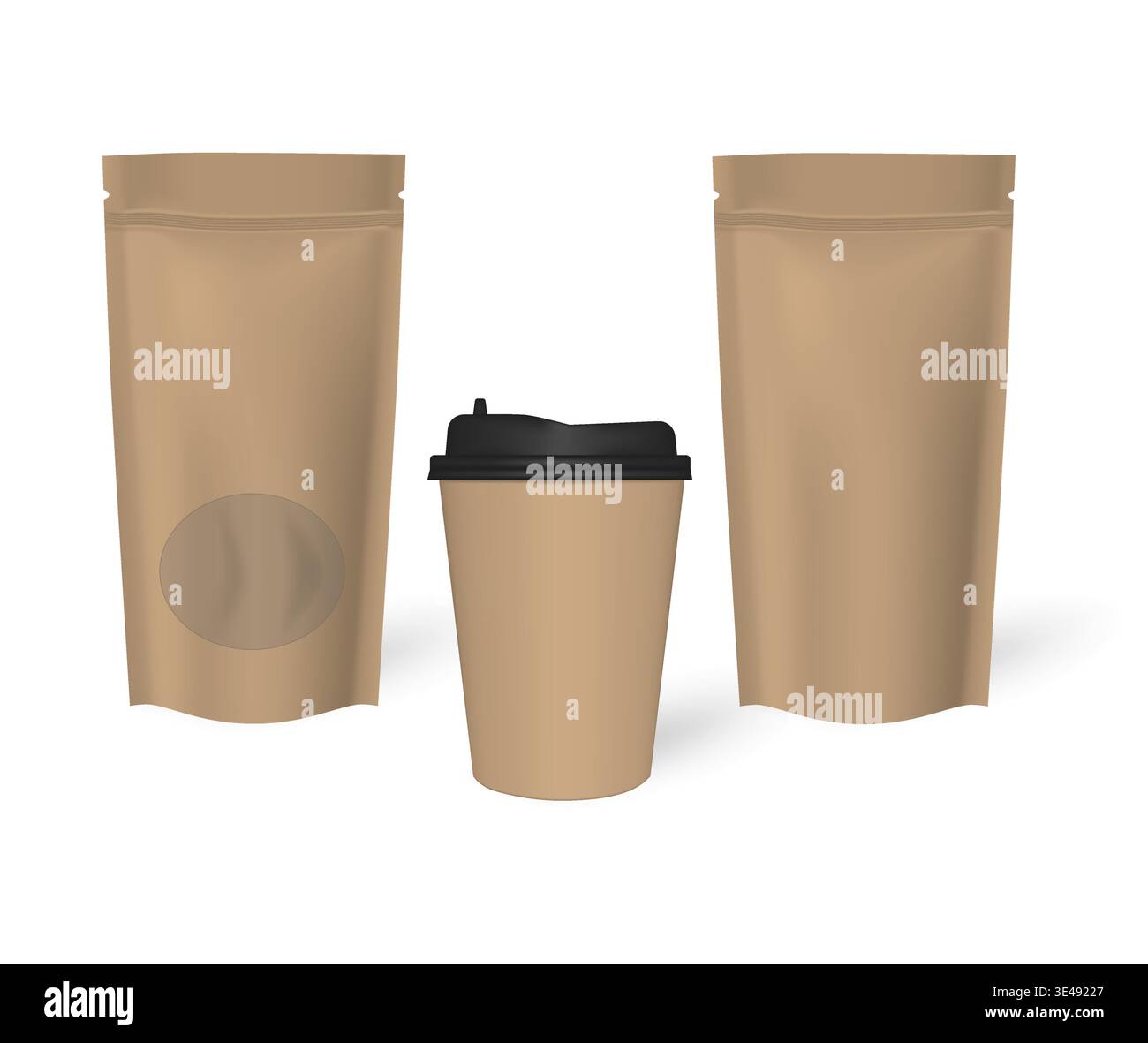Kraftpapier-Einweg-Kaffeetasse mit Stehverschlussbeuteln, Modell. Leerer To-Go-Getränketasse und verschließbare Lebensmittelbeutel, Mockup. Vektorvorlage Stock Vektor