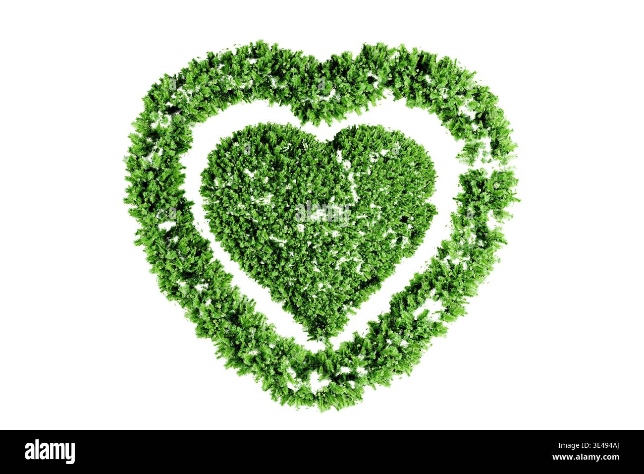 Herzförmiger Kranz aus grünen Blättern, der Liebe, Natur und Umweltfreundlichkeit symbolisiert. 3D-Rendering Stockfoto