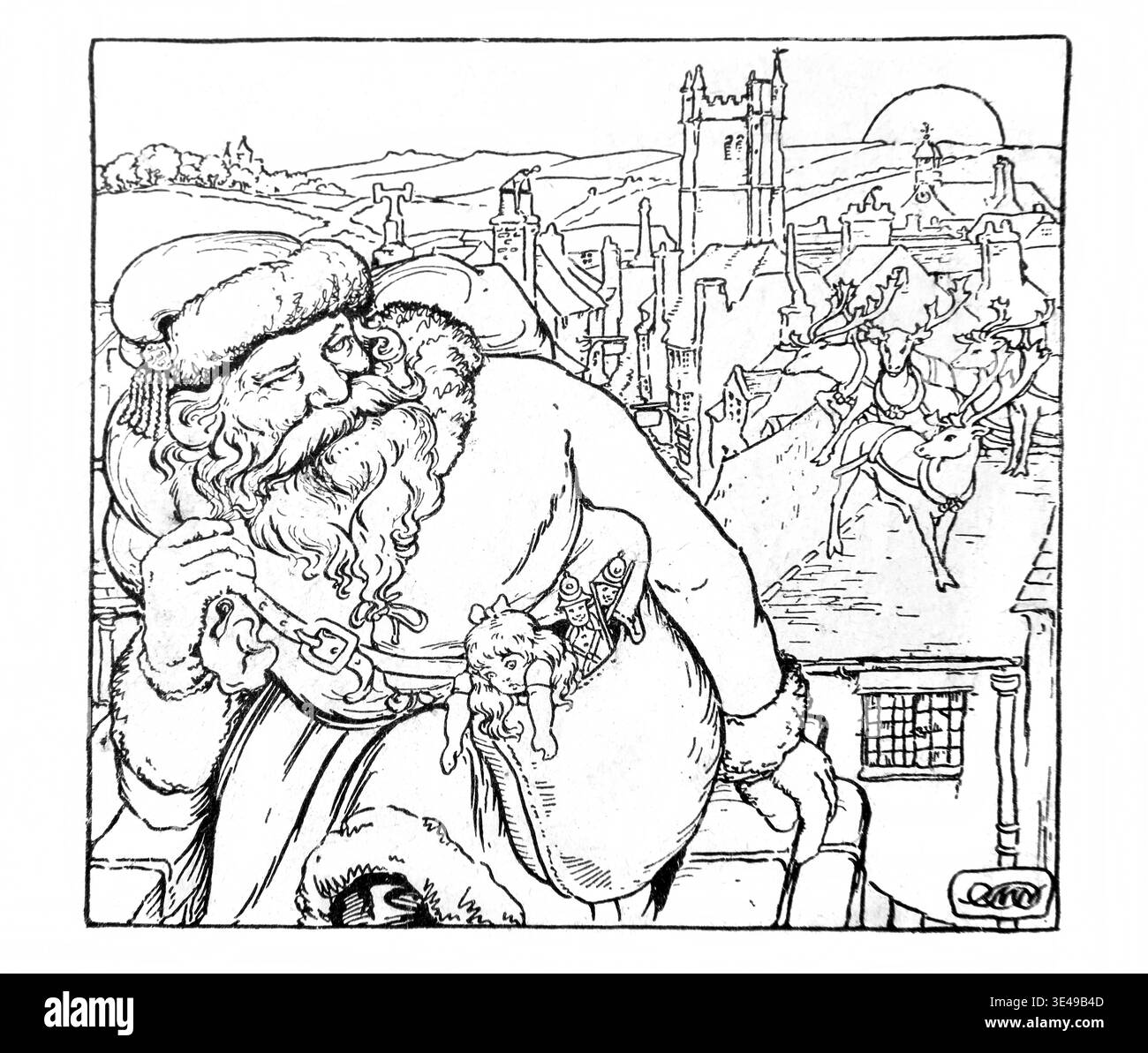 Vintage-Illustration des Weihnachtsmanns und seines Rentiers aus dem frühen 20. Jahrhundert auf den Dächern von Häusern, die am Heiligabend Geschenke von einem an liefern Stockfoto