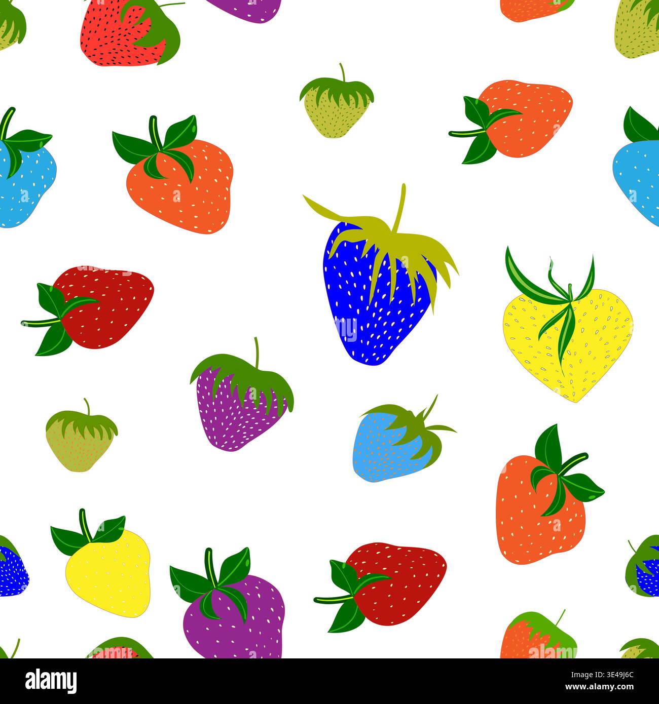 Nahtloses Erdbeermuster im Pop-Art-Stil. Bunte Beeren Vektor-Hintergrund mit blauen, gelben und roten Früchten Stock Vektor