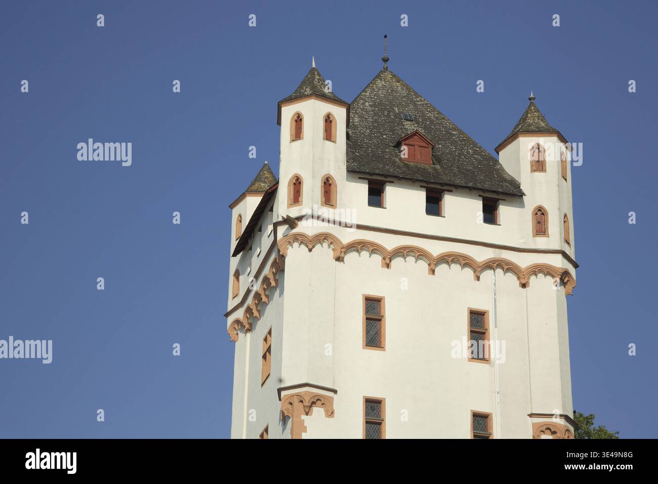 Turm mit Eckturm des Kurfürstenturms, Detail, Eltville, Rheingau, Taunus, Hessen, Deutschland Stockfoto