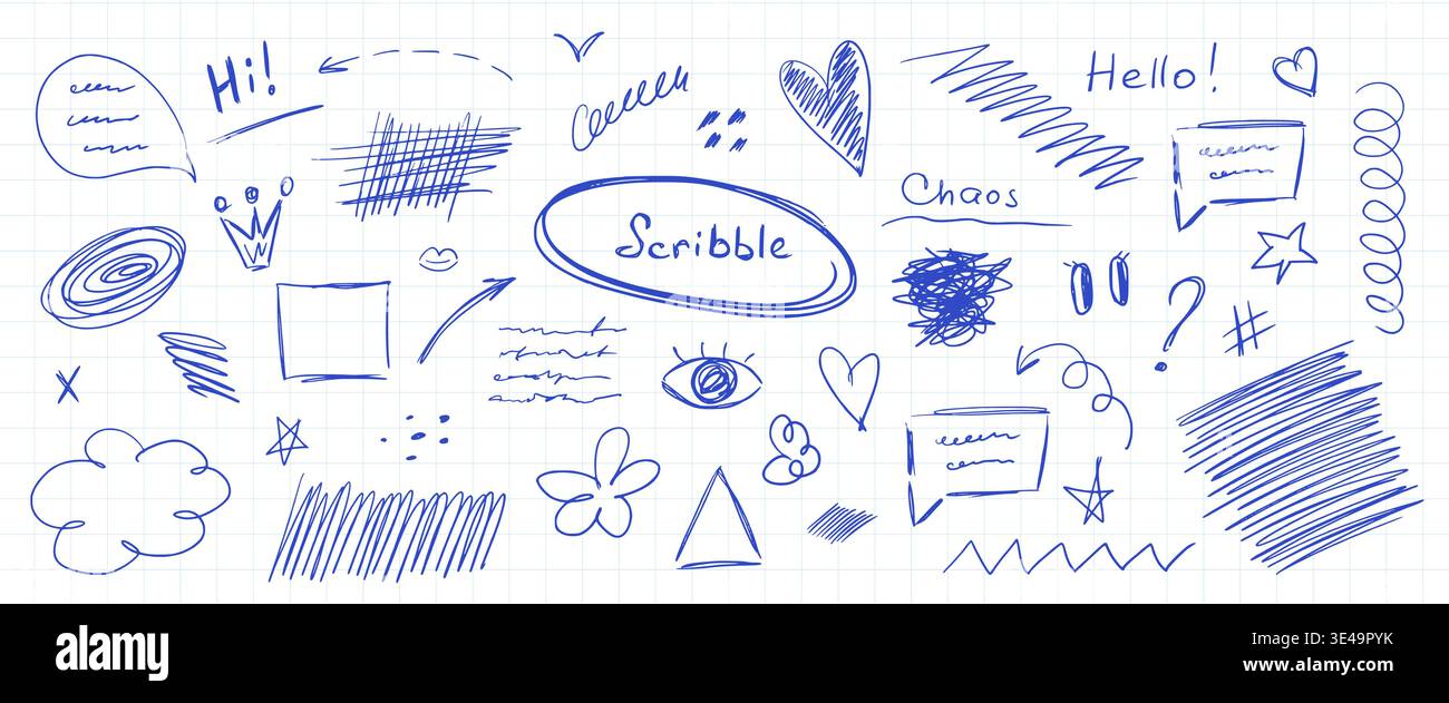 Kritzelset auf Notizbuchpapier. Handgezeichnete blaue Tintenelemente für Design. Sprechblasen, Pfeile, Herzen und Formen. Vektorabbildung für cre Stock Vektor