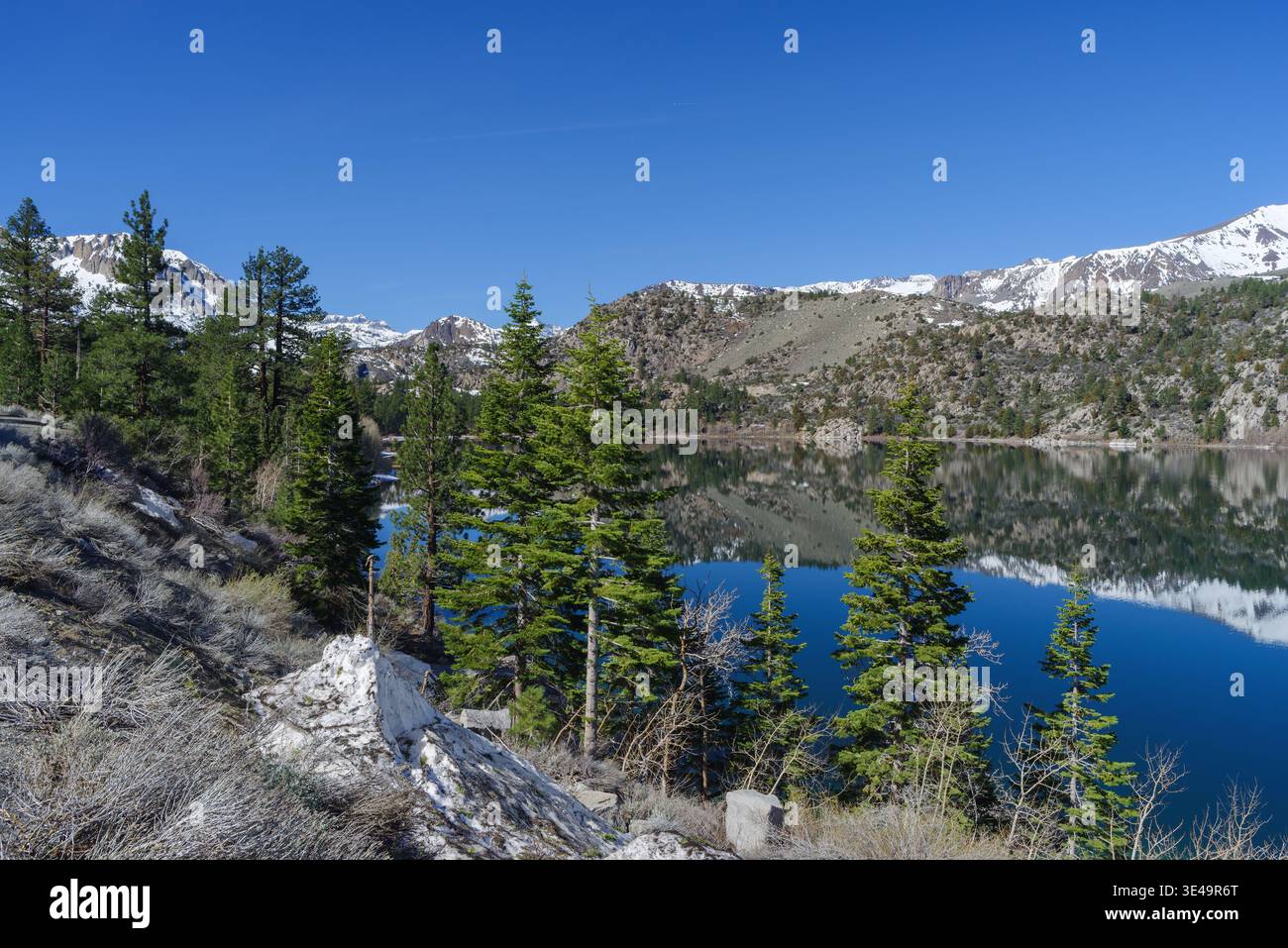 June Lake in der östlichen Sierra Nevada, Kalifornien, mit ruhigem alpinem Wasser, das die umliegenden Berge der Sierra Nevada reflektiert Stockfoto