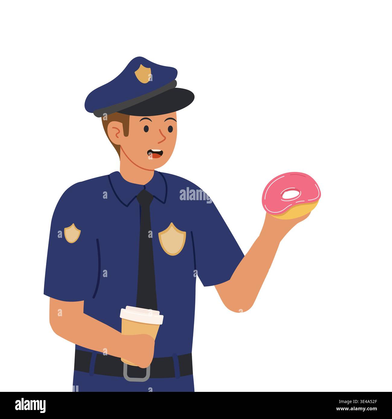 Polizist Break. Mann in blauer Polizeiuniform, der Kaffeetasse und Donut zum Mitnehmen hält, kurz vor einem Snack. Vektorabbildung. Stock Vektor