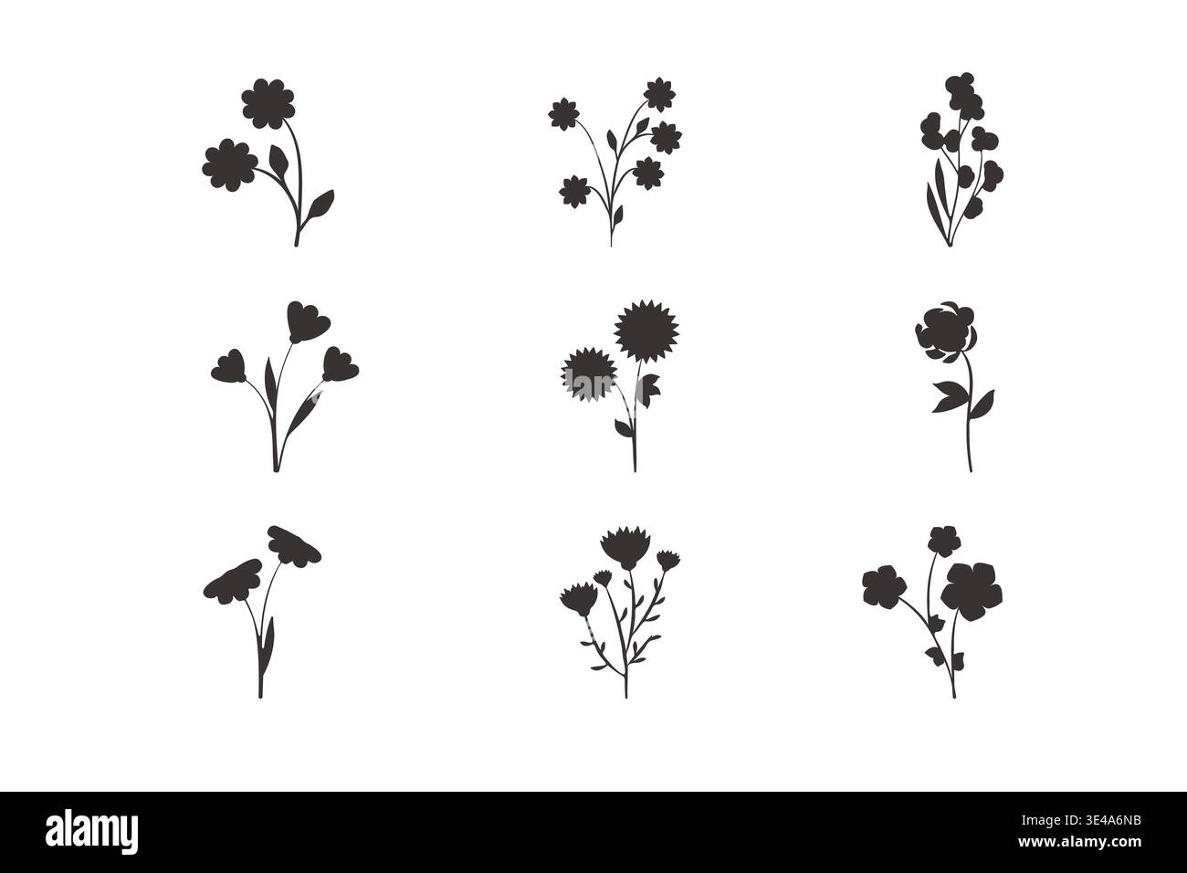 Neun unterschiedliche abstrakte Blumenformen in massivem Schwarz werden auf einem sauberen weißen Hintergrund präsentiert. Dieses vielseitige Set bietet einfache botanische Designelemente für jedes Projekt. Stock Vektor