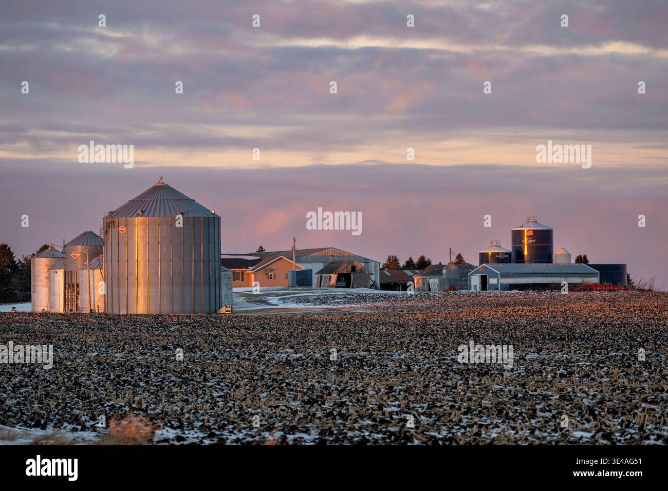 Williams, Iowa. Gut gepflegter Bauernhof mit Getreidebehältern zur „goldenen Stunde“ Sonnenuntergang im Winter. Stockfoto