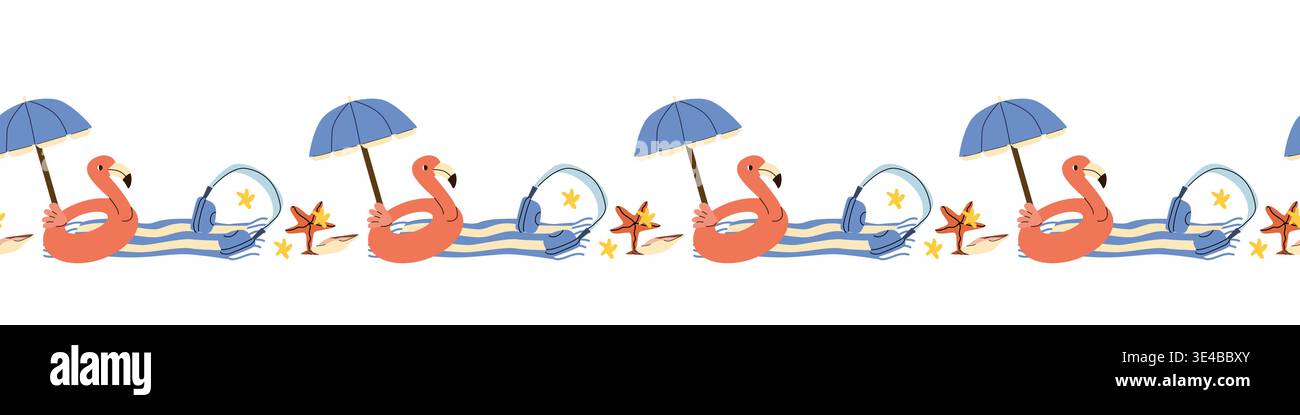 Sommerurlaub nahtlose Grenze mit Strandelementen. Handtuch mit Flamingoring und Kopfhörern, Muscheln. Nahtloses Küstenmuster. Stock Vektor