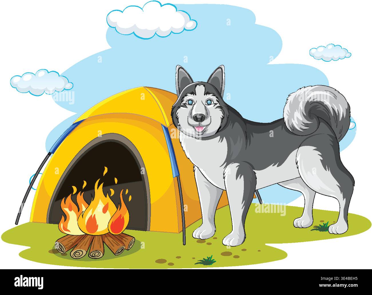 Vektor-Illustration eines sibirischen Huskys, der in der Nähe eines gelben Zeltes steht und draußen ein brennendes Lagerfeuer brennt Stock Vektor