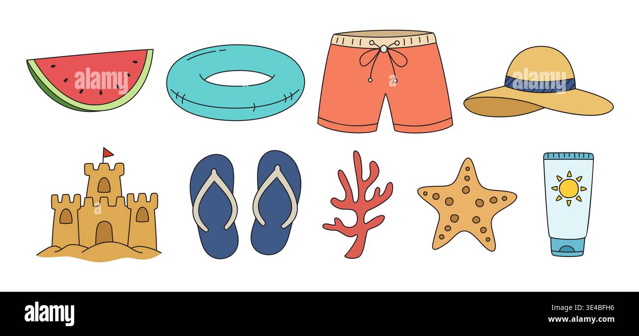 Sommerstrand mit flachem Design und Urlaubselementen im handgezeichneten Stil. Stock Vektor